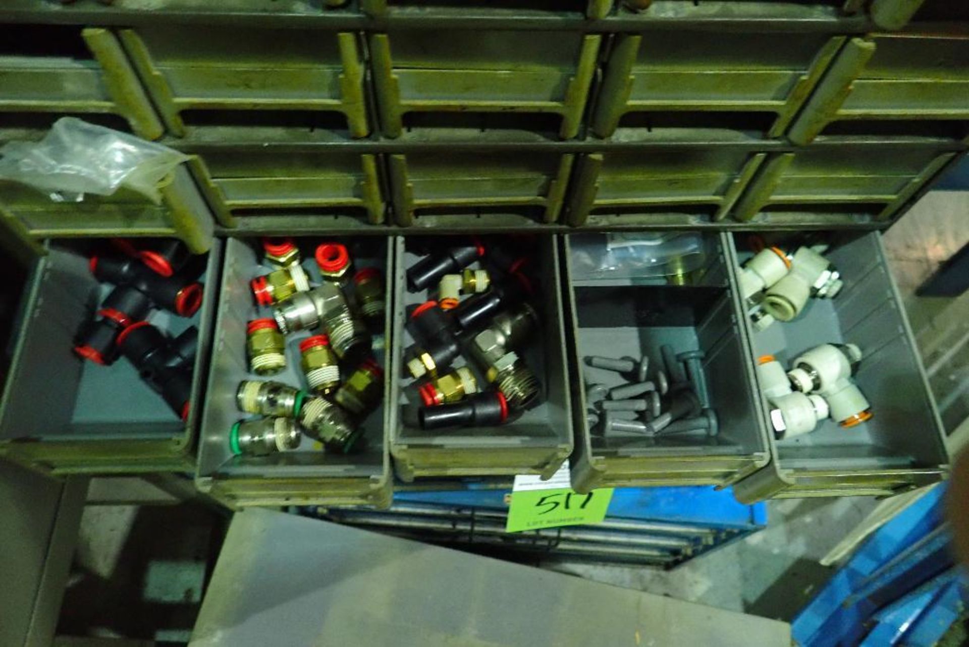 Assorted bolt bins and contents, pneumatic fittings, screws, bolts, nuts, roll pins, snap rings, o-r - Image 31 of 31