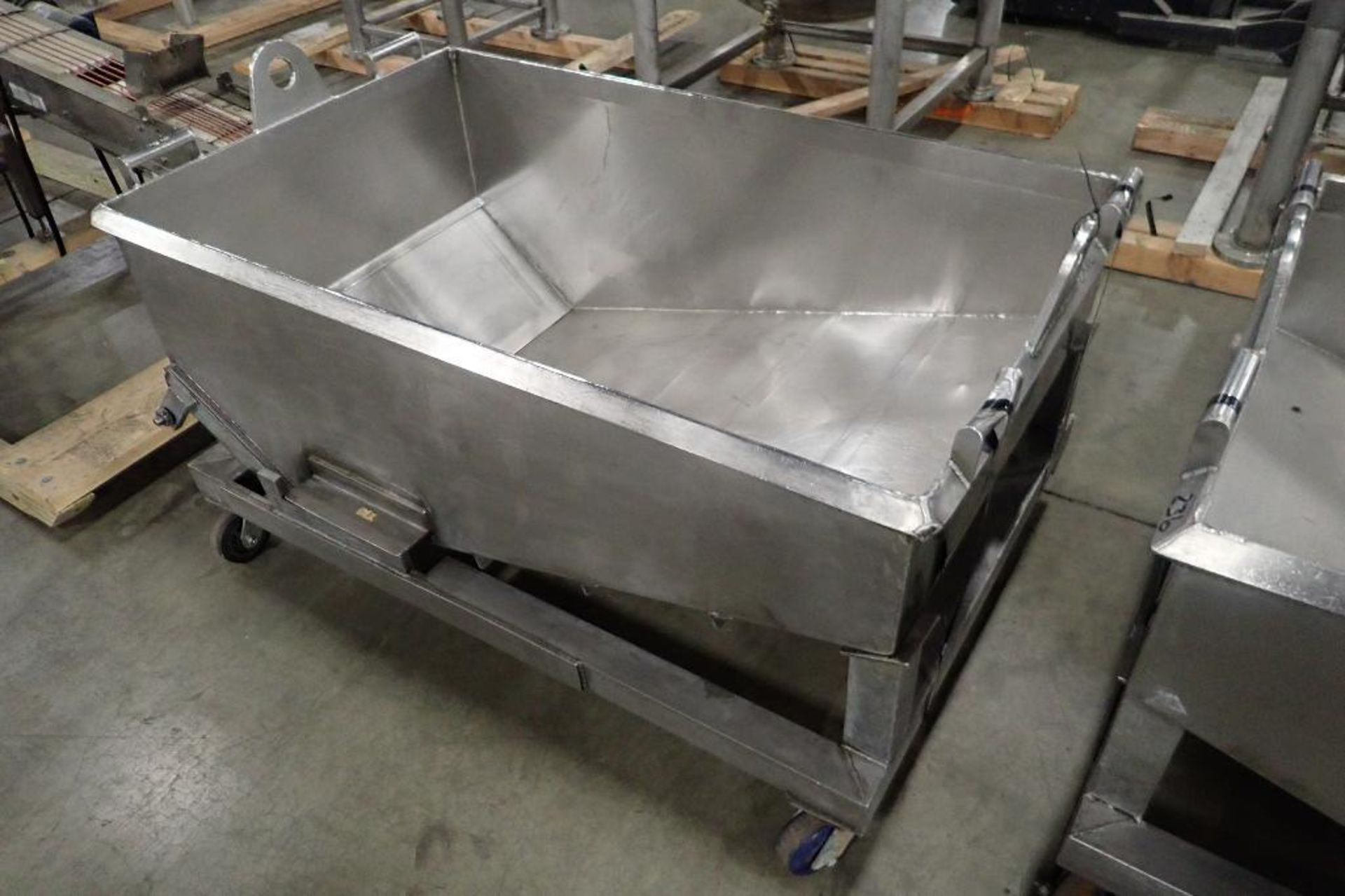 SS dough trough, 60 in. long x 36 in. wide x 25 in. deep, slant bottom, slide gate discharge, SS fra