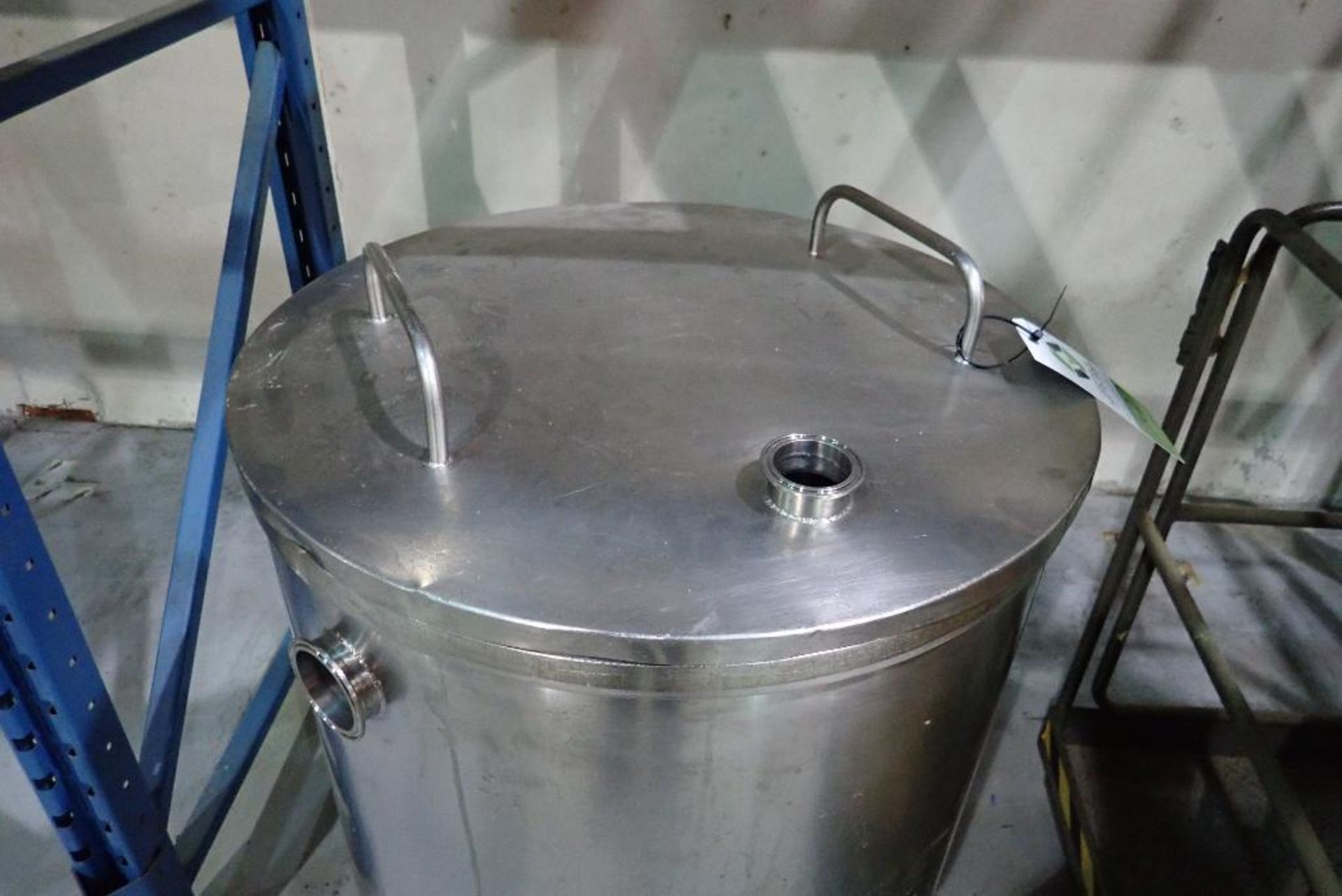 SS holding tank, 26 in. dia x 26 in. tall, cone bottom, 2 in. clamp cbo, with lid. **Rigging Fee: $1 - Image 5 of 5