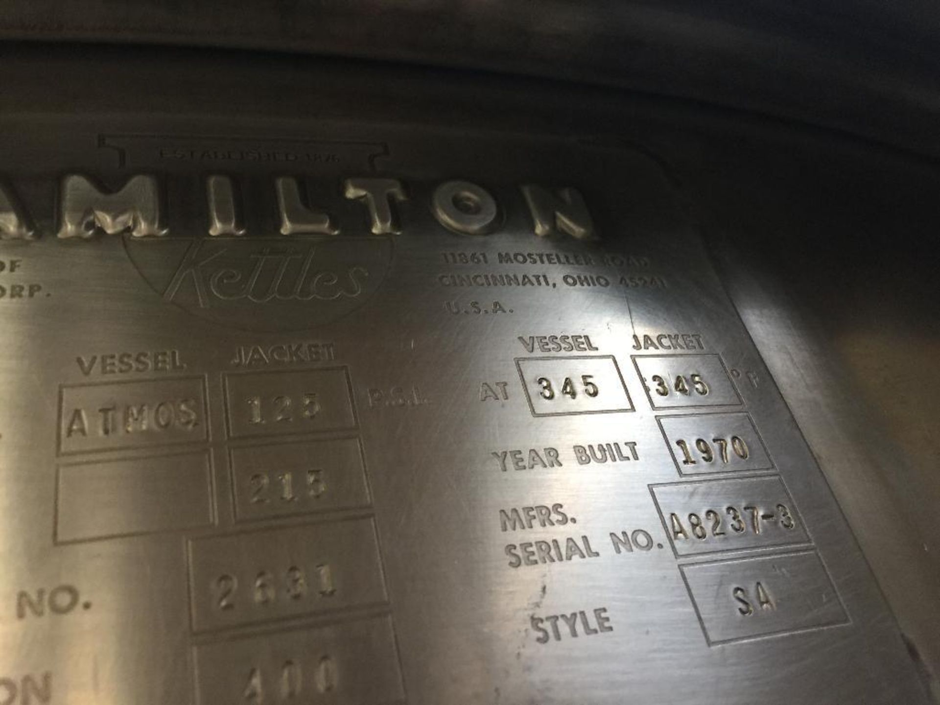 1970 Hamilton SS half jacket kettle, 400 gal, style SA, SN A8237-3, 125 psi @ 345F, 64 in. dia x 42 - Image 10 of 13