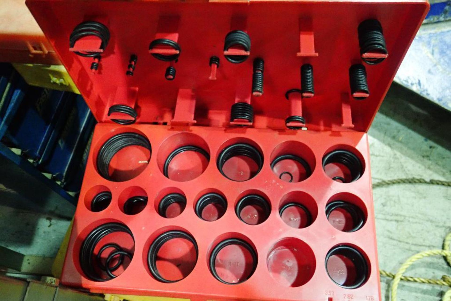 Assorted bolt bins and contents, pneumatic fittings, screws, bolts, nuts, roll pins, snap rings, o-r - Image 13 of 31