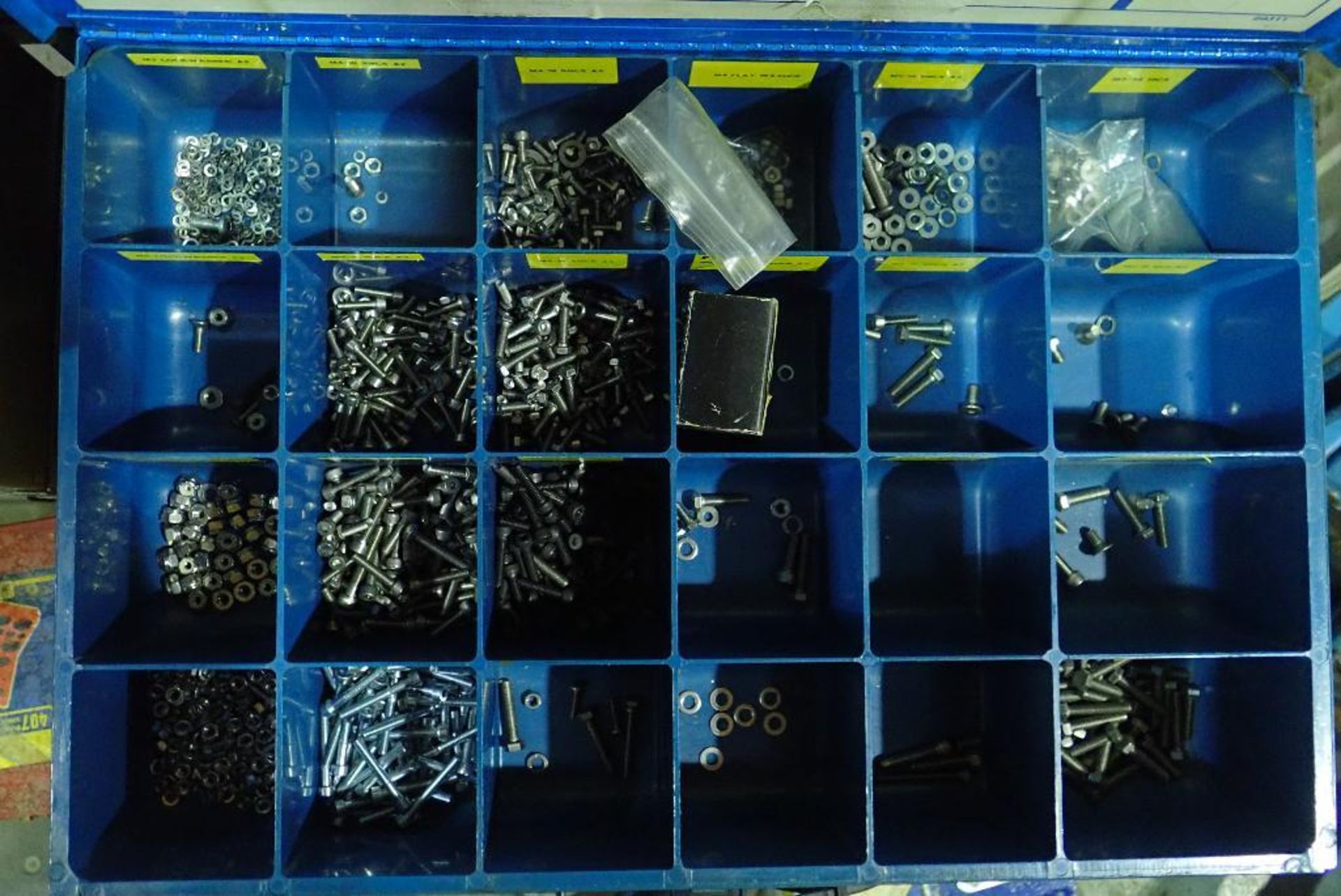 Assorted bolt bins and contents, pneumatic fittings, screws, bolts, nuts, roll pins, snap rings, o-r - Image 8 of 31