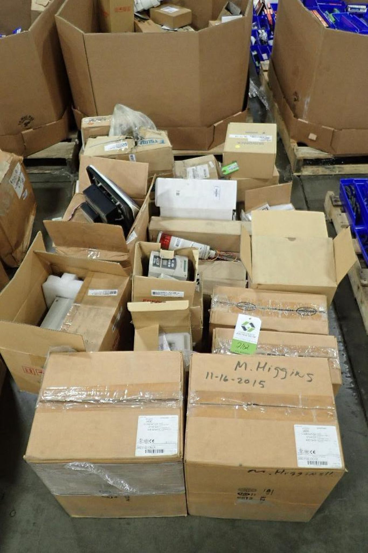Pallet of assorted parts, metal detector parts, servo motors, speed controllers,. (See photos for ad