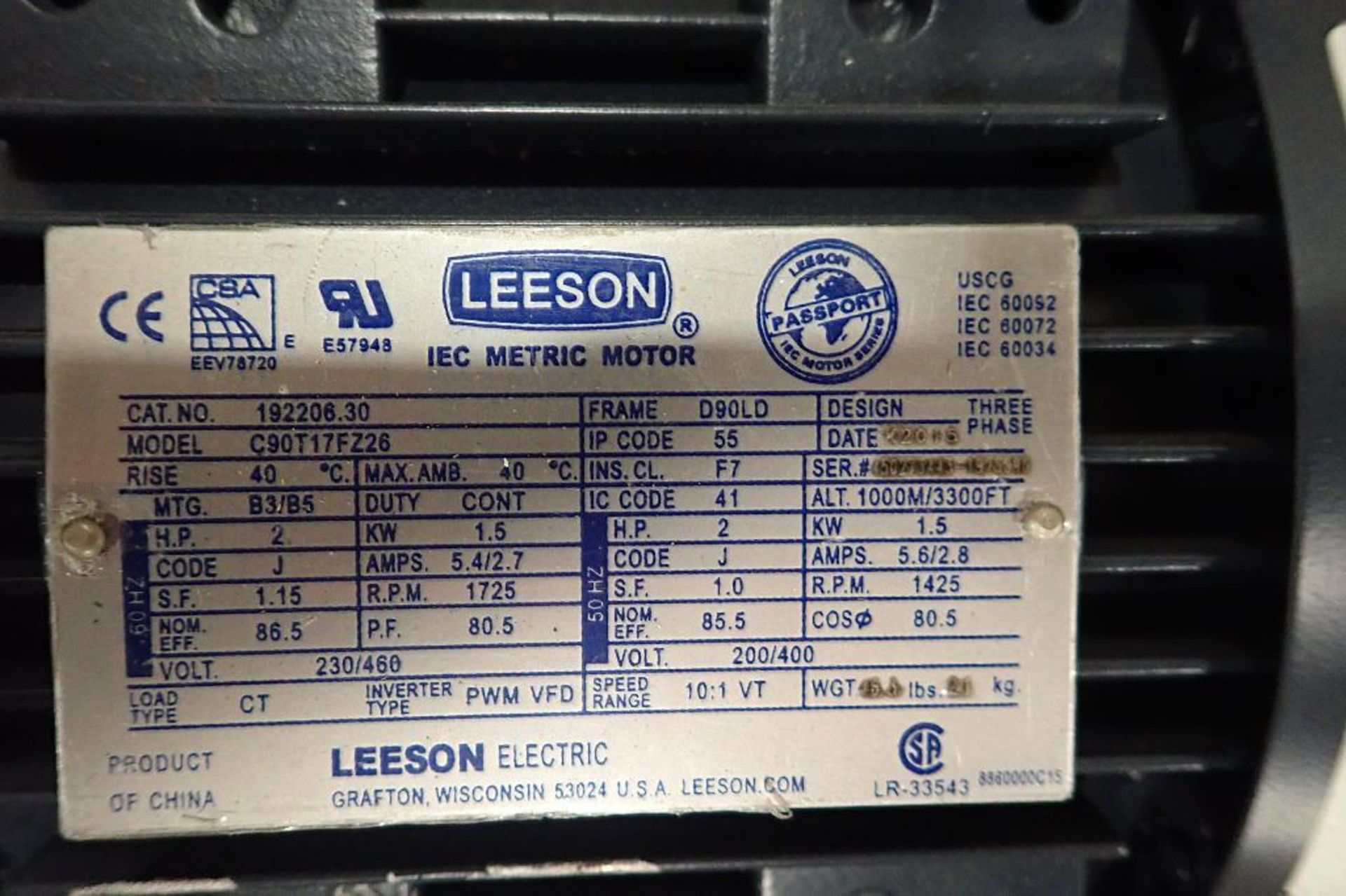 (2) Leeson 2 hp electric motors. (See photos for additional specs). **Rigging Fee: $25** (Located in - Image 7 of 7
