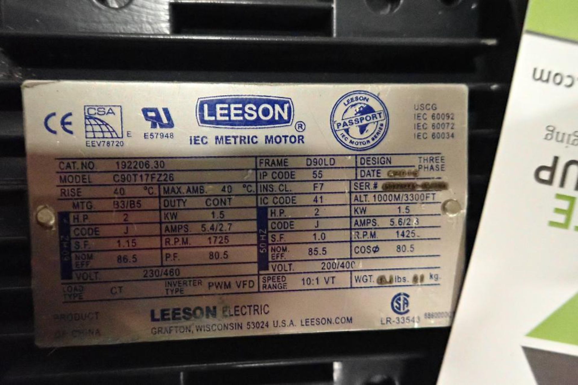 (2) Leeson 2 hp electric motors. (See photos for additional specs). **Rigging Fee: $25** (Located in - Image 4 of 7
