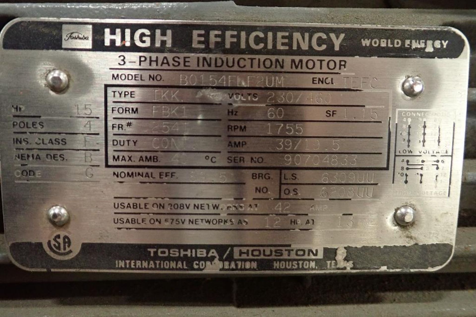 Toshiba 15 hp electric motor. (See photos for additional specs). **Rigging Fee: $25** (Located in Ea - Image 4 of 5