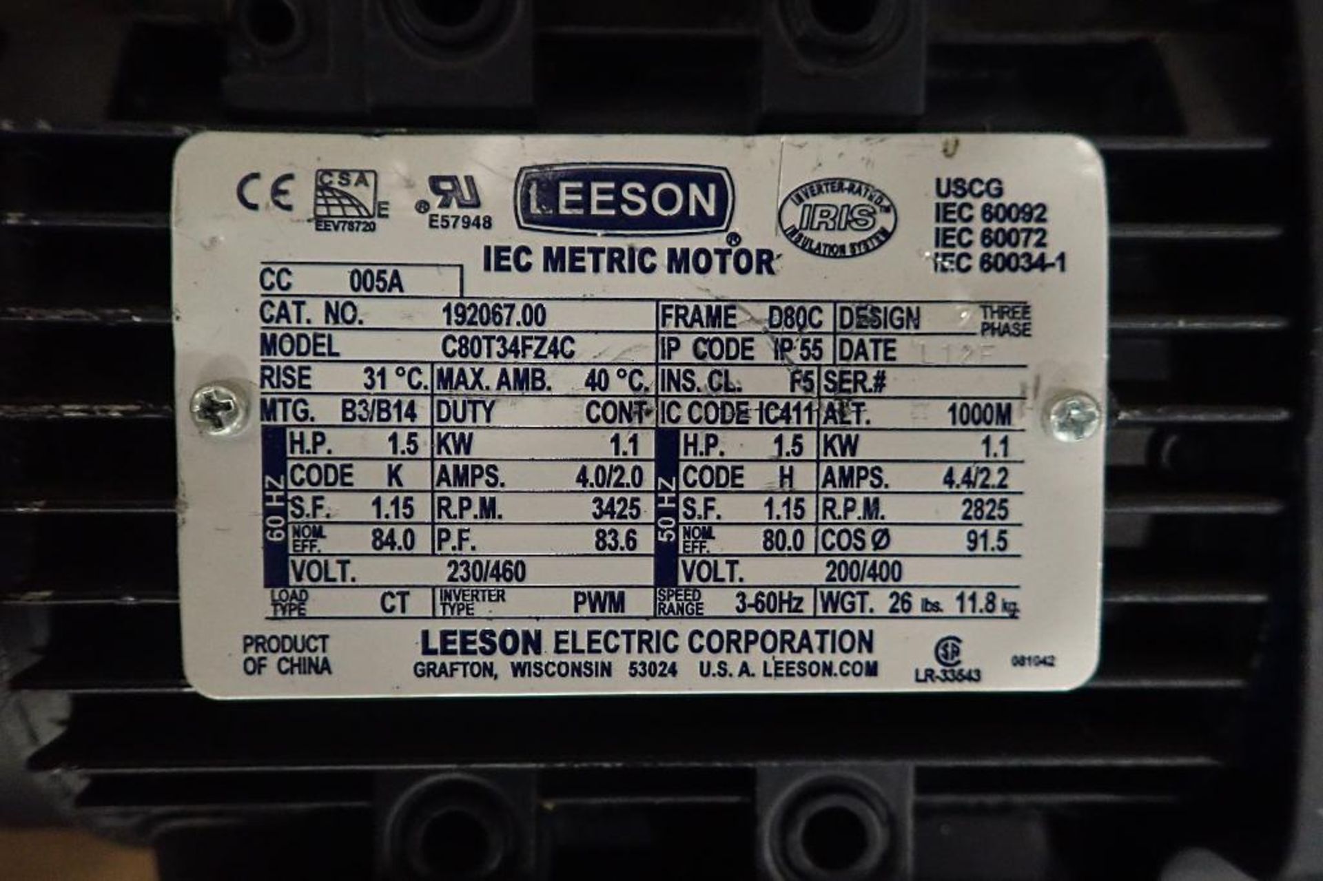 (7) Leeson motors, 3/4 hp to 3 hp. (See photos for additional specs). **Rigging Fee: $25** (Located - Image 16 of 22