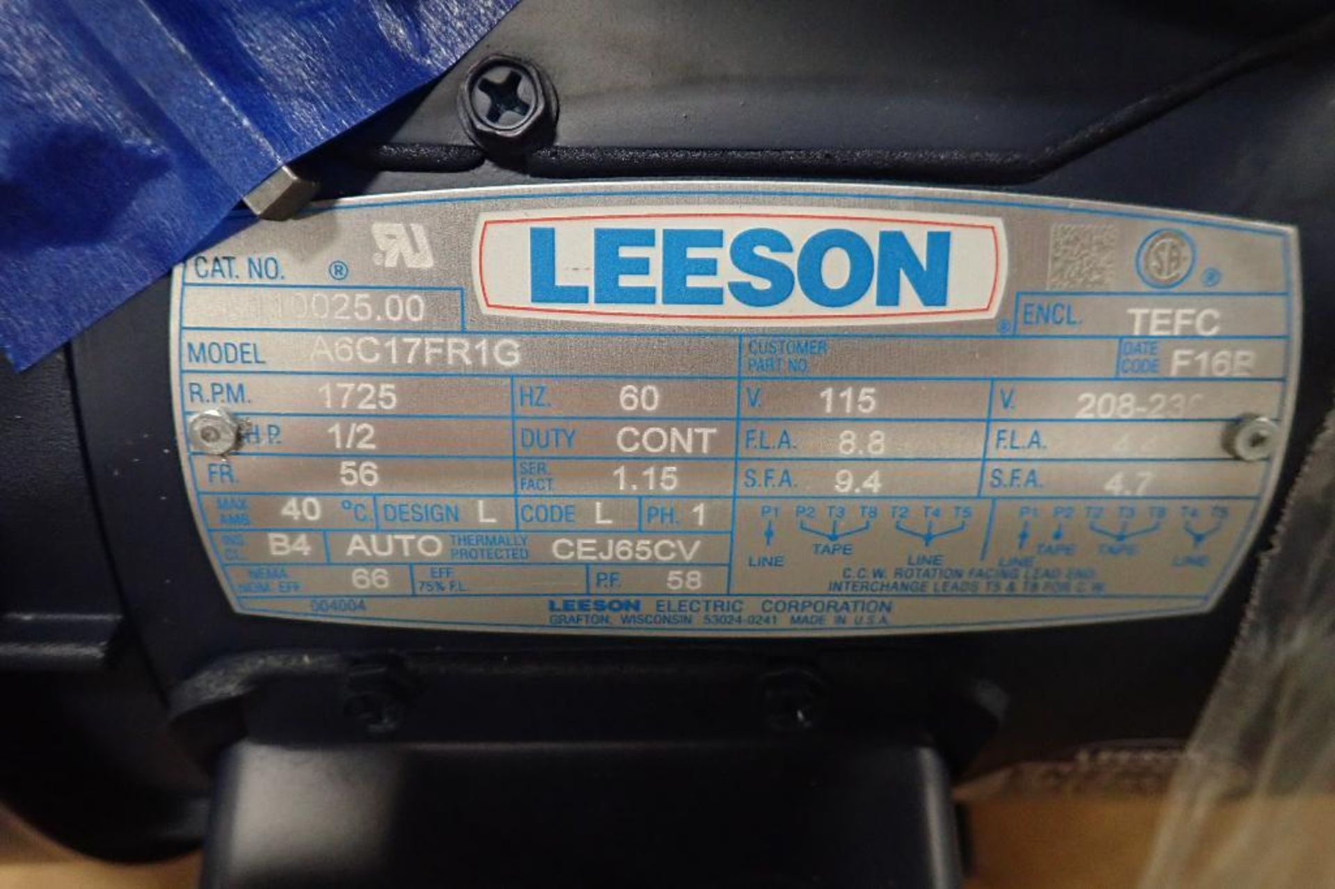 (2) New 1/2 hp Leeson electric motors. (See photos for additional specs). **Rigging Fee: $25** (Loca - Image 6 of 6