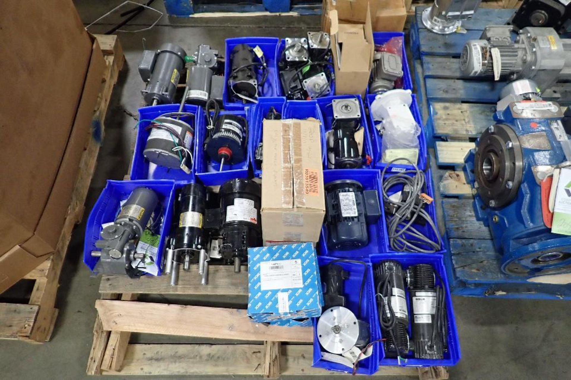 Pallet of electric motors and gearbox's. (See photos for additional specs). **Rigging Fee: $25** (Lo