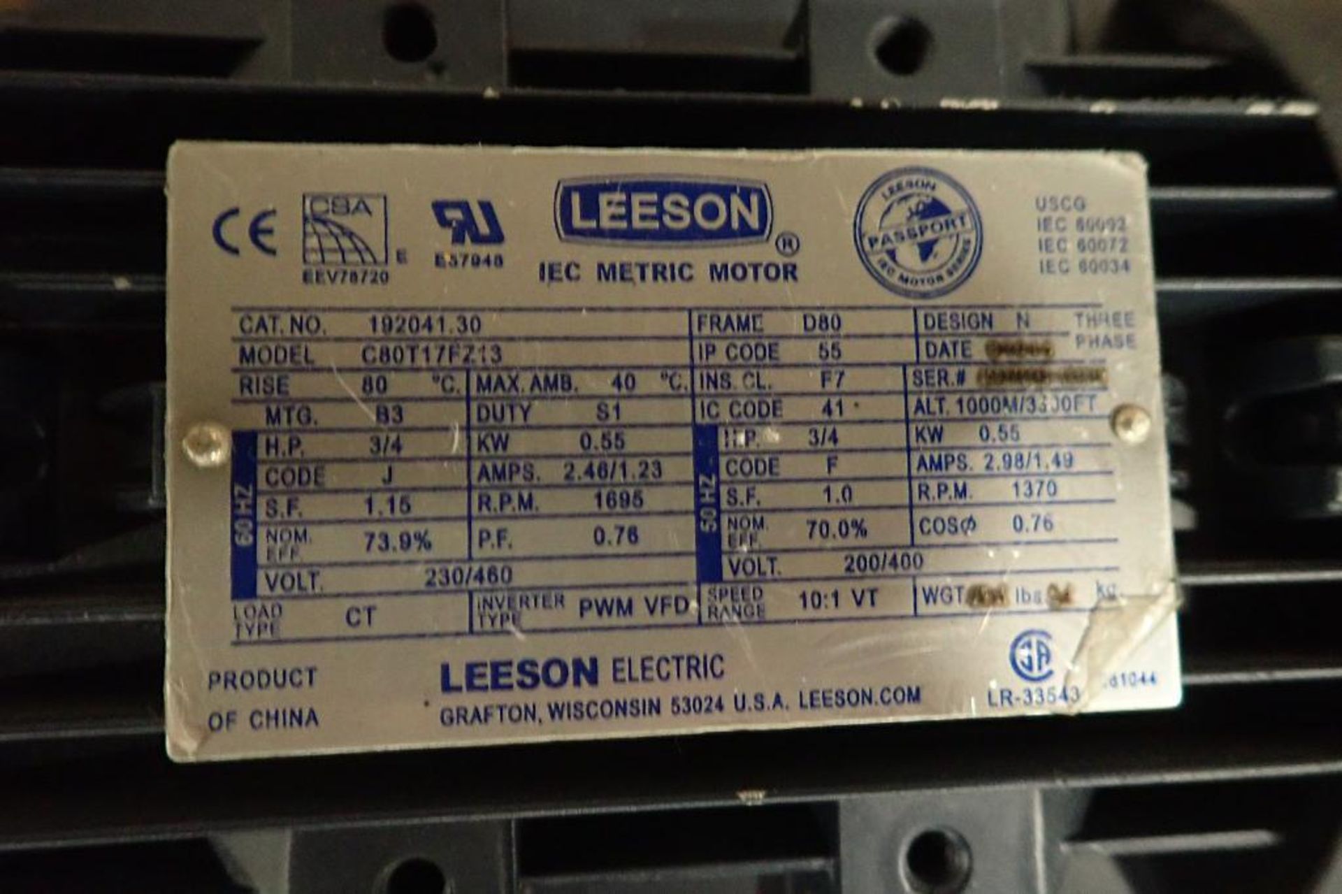 (7) Leeson motors, 3/4 hp to 3 hp. (See photos for additional specs). **Rigging Fee: $25** (Located - Image 22 of 22