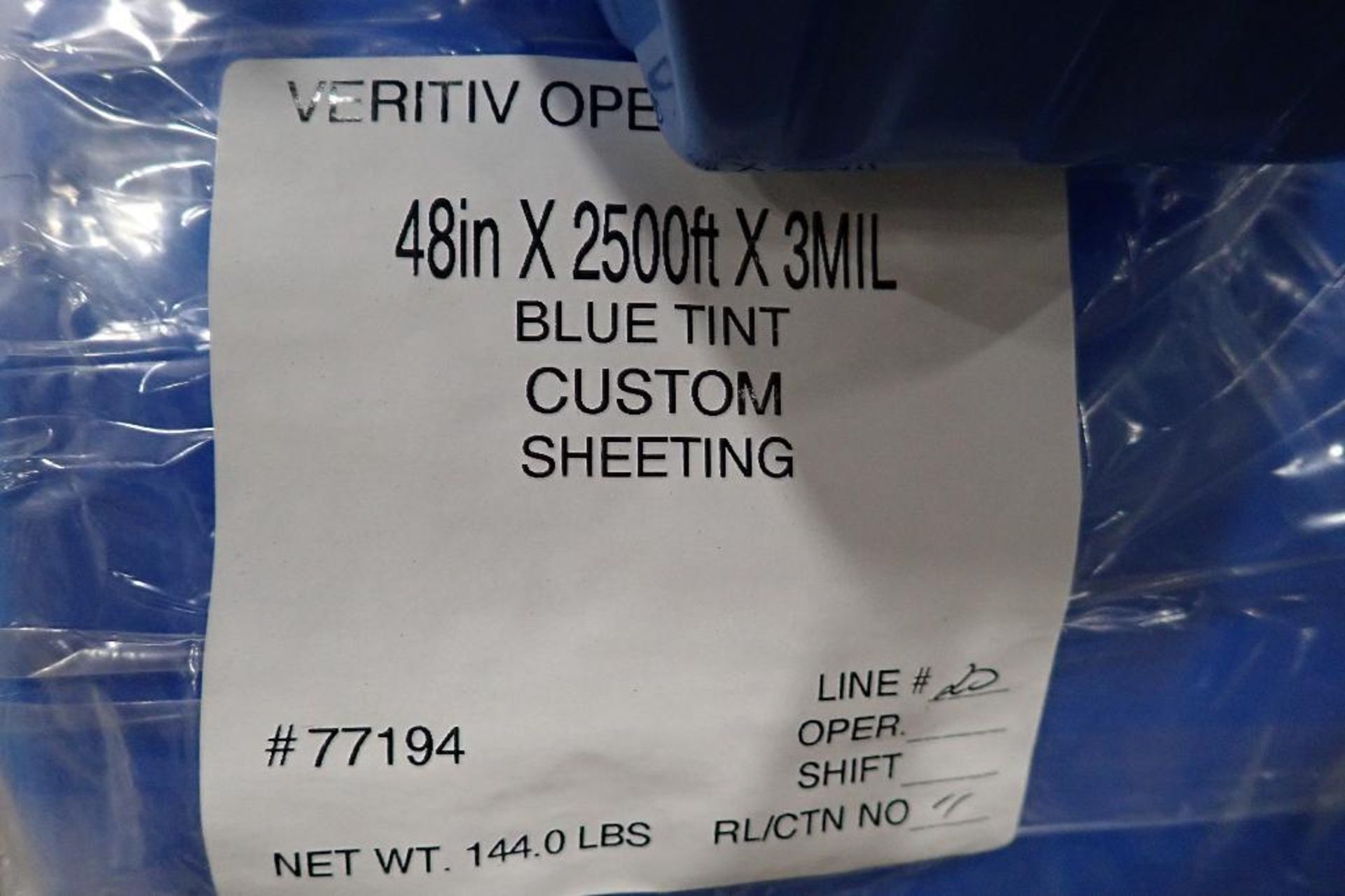 (9) Rolls Veritiv Operating company 48 in. x 2500 ft. x 3 mil. Blue tint custom sheeting.. (See phot - Image 3 of 3