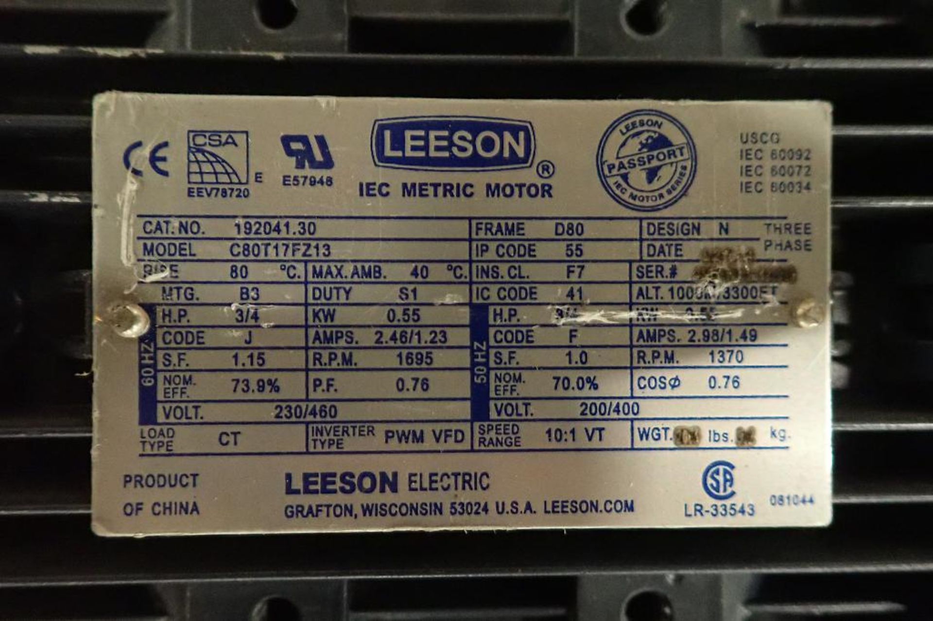 (7) Leeson motors, 3/4 hp to 3 hp. (See photos for additional specs). **Rigging Fee: $25** (Located - Image 19 of 22