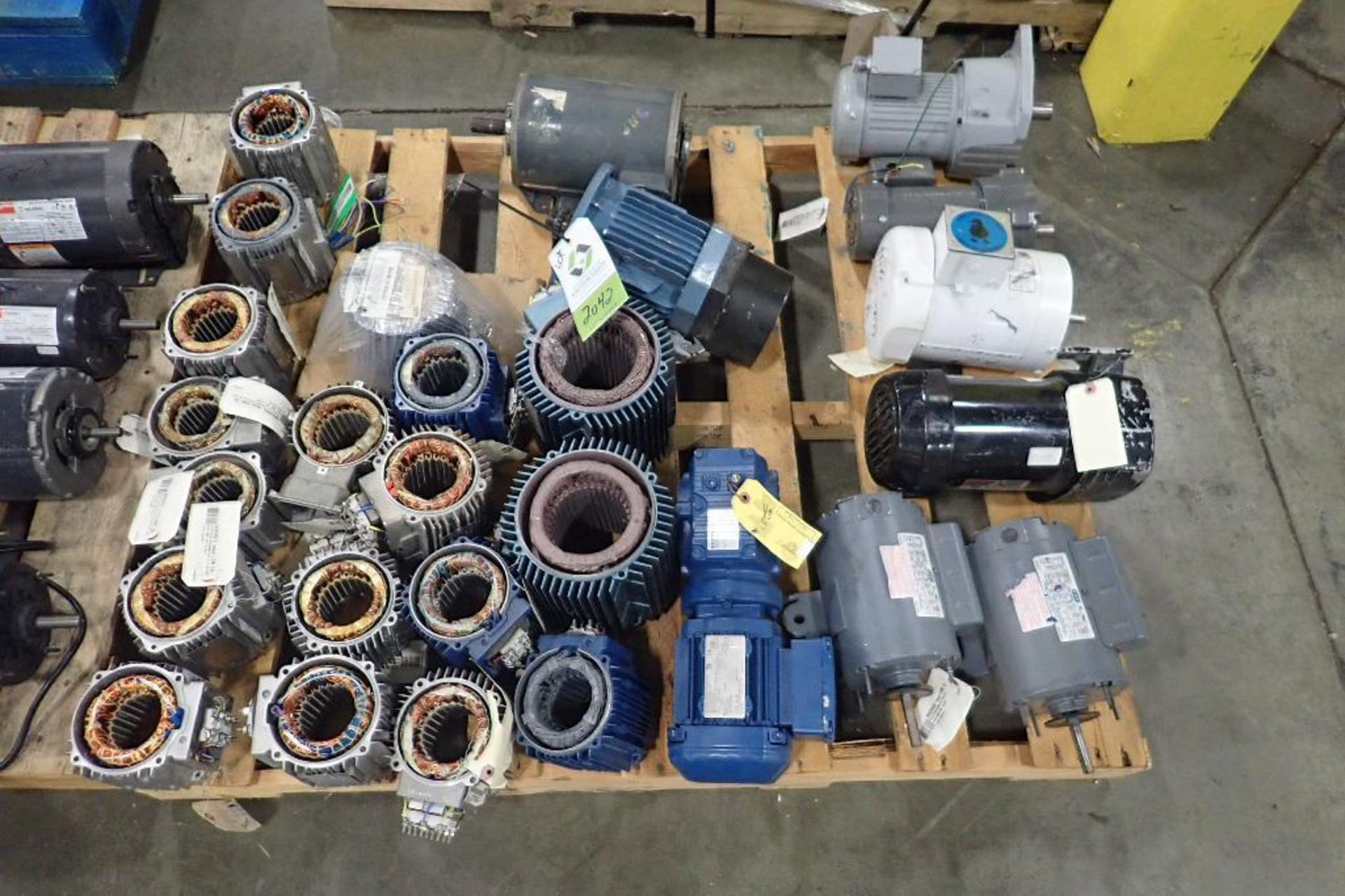 Pallet of electric motors, cores, gearboxes. (See photos for additional specs). **Rigging Fee: $35**