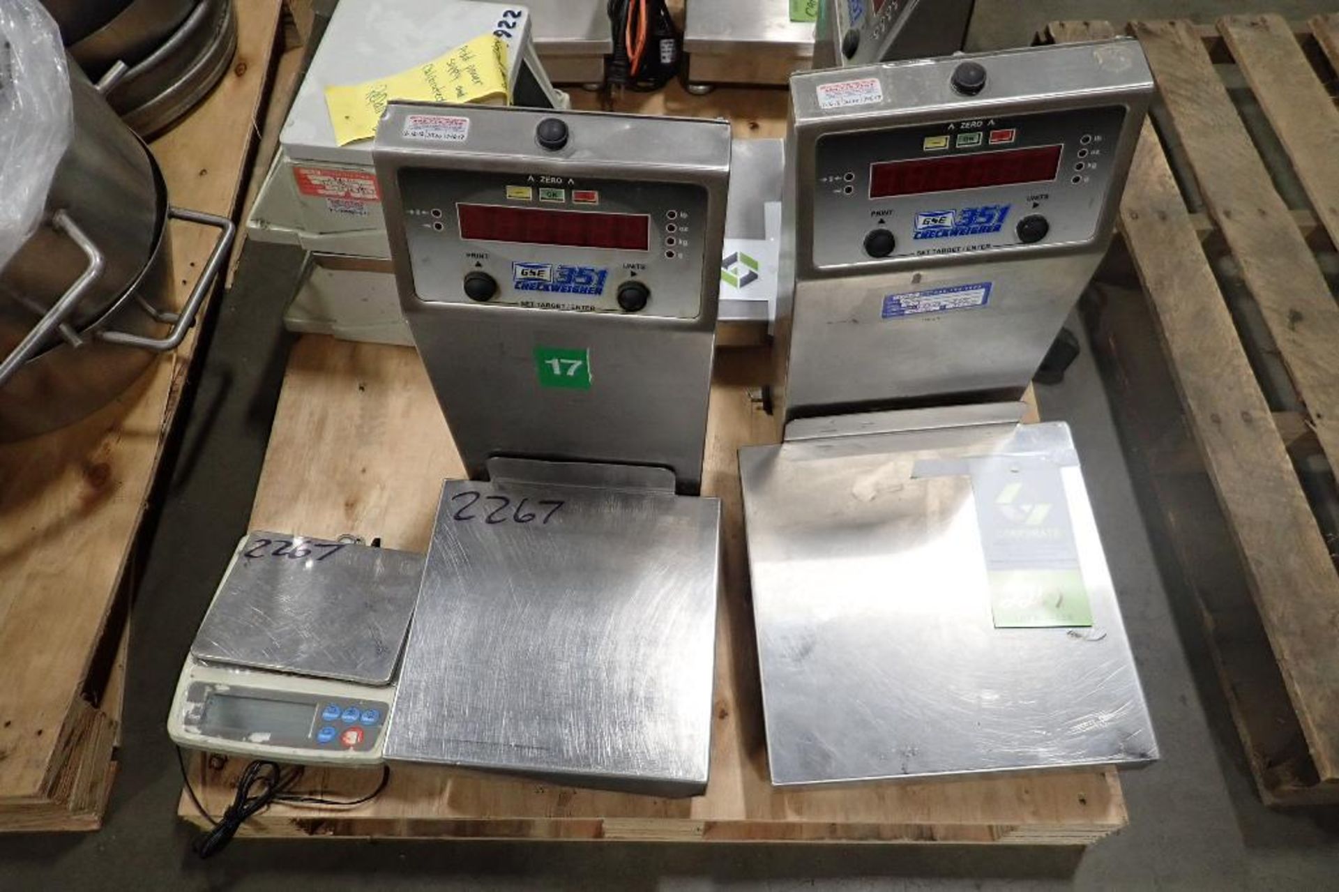 (2) GSE bench scales, 12 in. x 12 in. and 10 in. x 10 in., Scale FX table top gram scale. (See photo