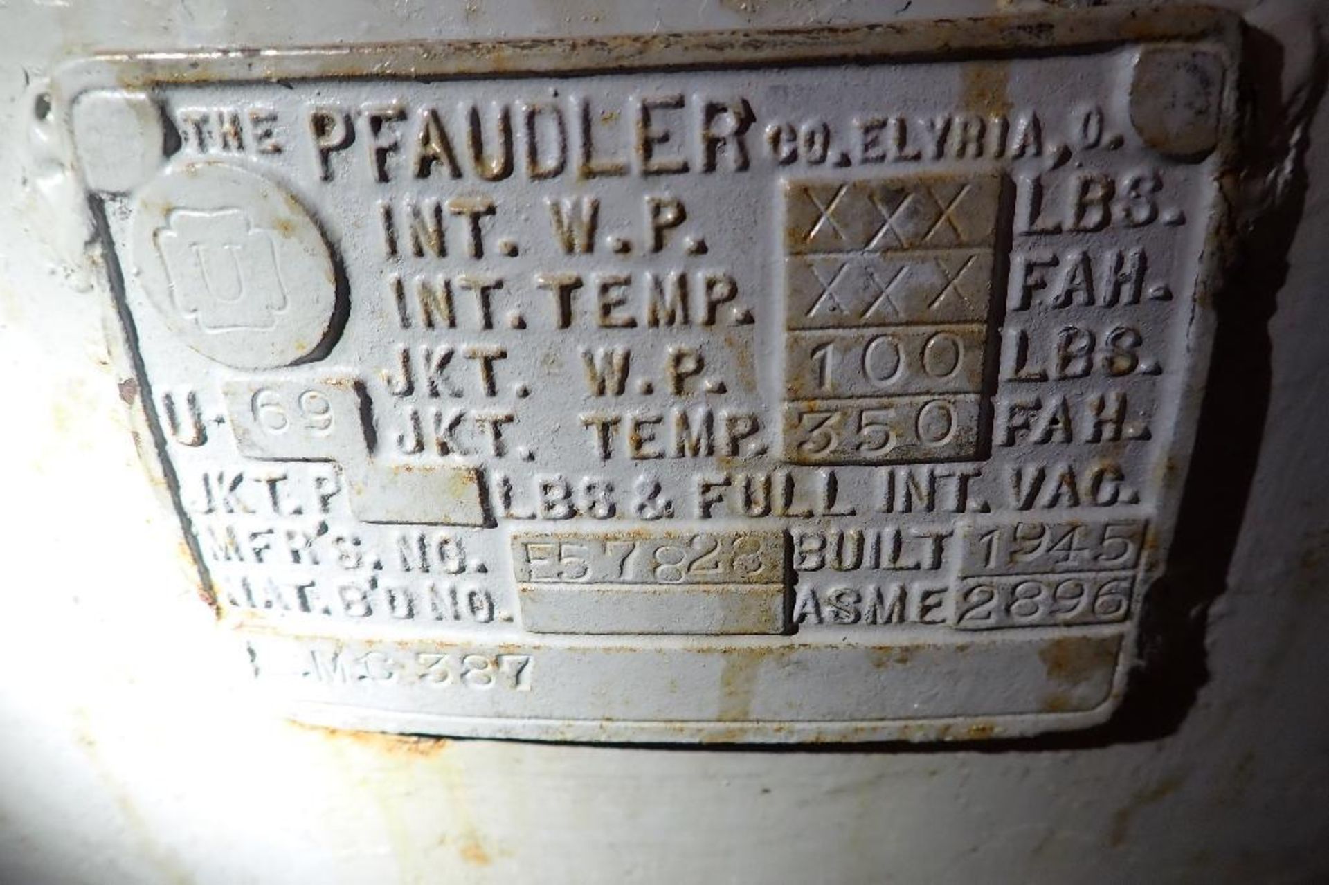 1945 Phlauder SS kettle, SN E57828, mild steel jacket 100 psi @ 350 F, 48 in. dia x 36 in. tall **Ri - Image 7 of 7