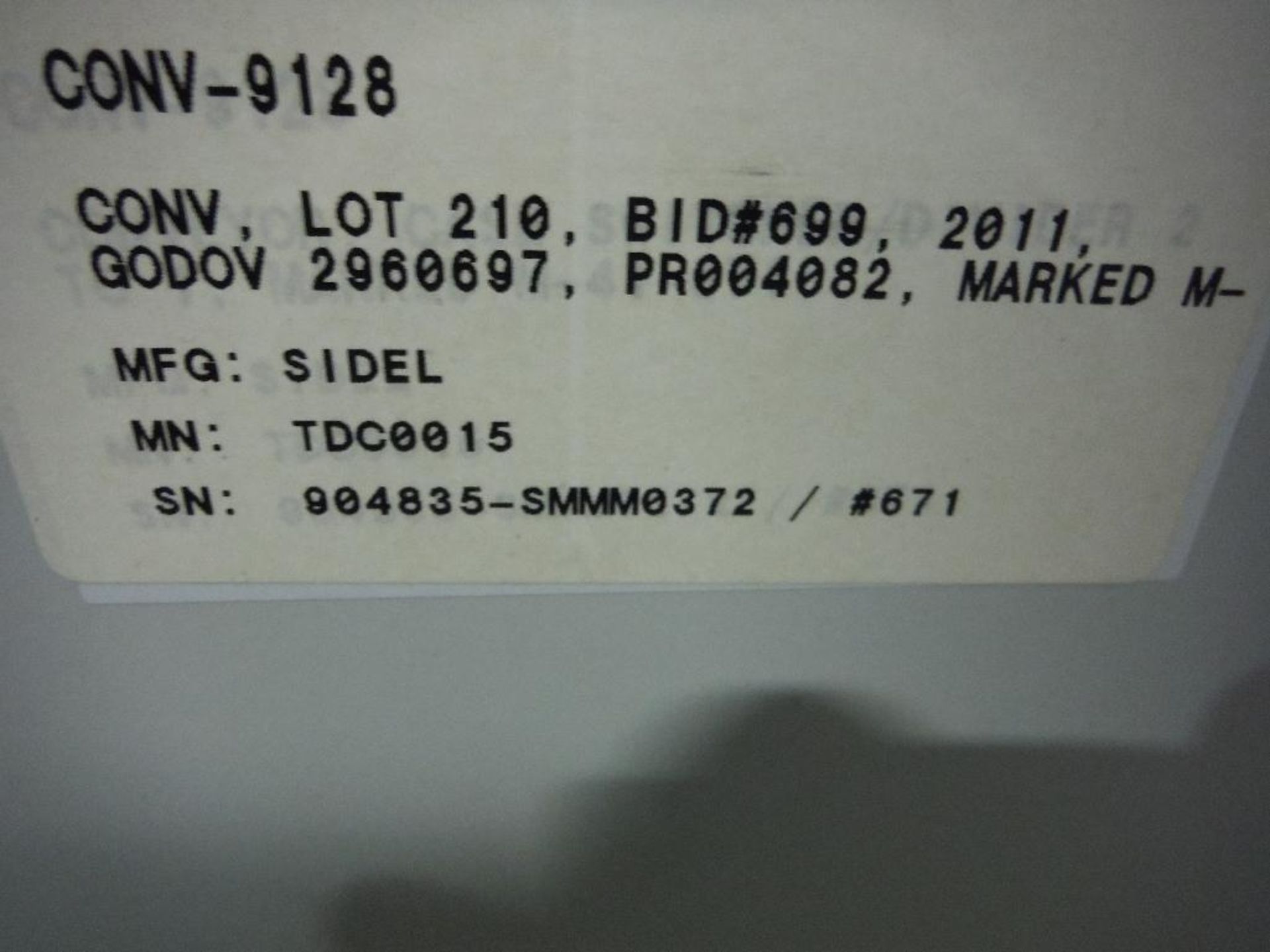 2007 Sidel combiner conveyor, Model TDC0015, SN 904835-SMMM0327, 98 in. long x 66 in. wide, with con - Bild 9 aus 9