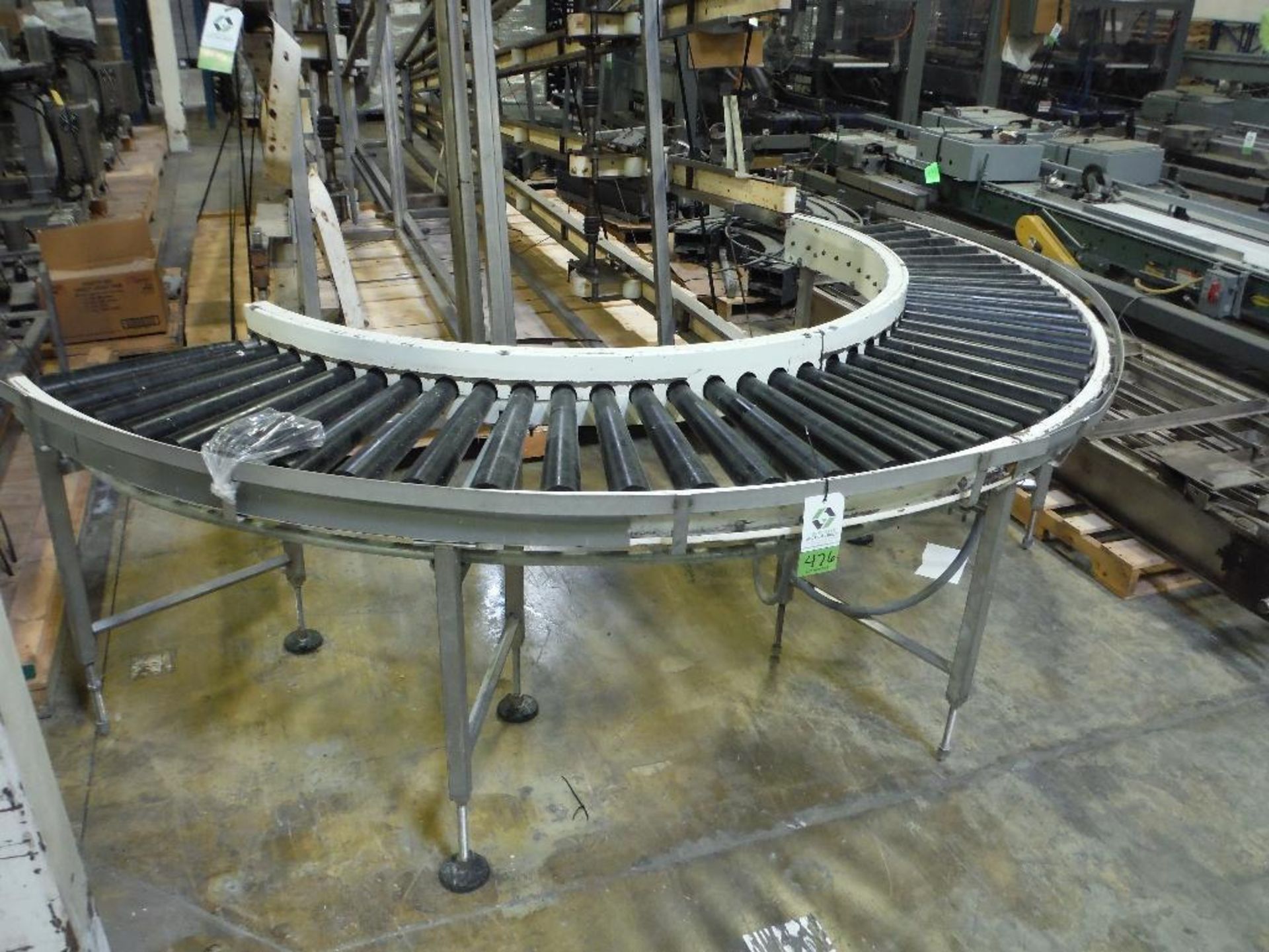 90 degree powered roller conveyor, 18 in. wide, 112 in. long overall, carbon steel frame, motor and