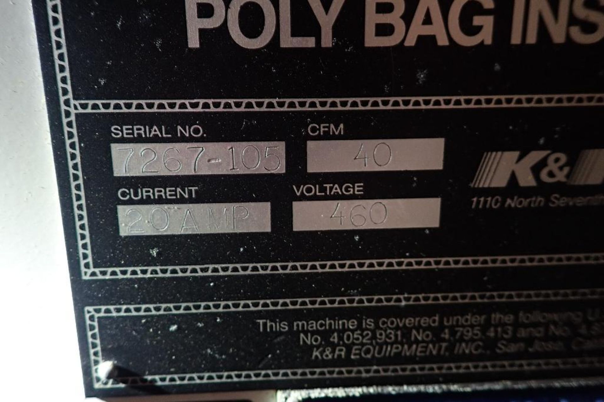 K N R poly bag inserter, SN 7267-105, 40 CFM **Rigging FEE: $200 ** - Image 12 of 14