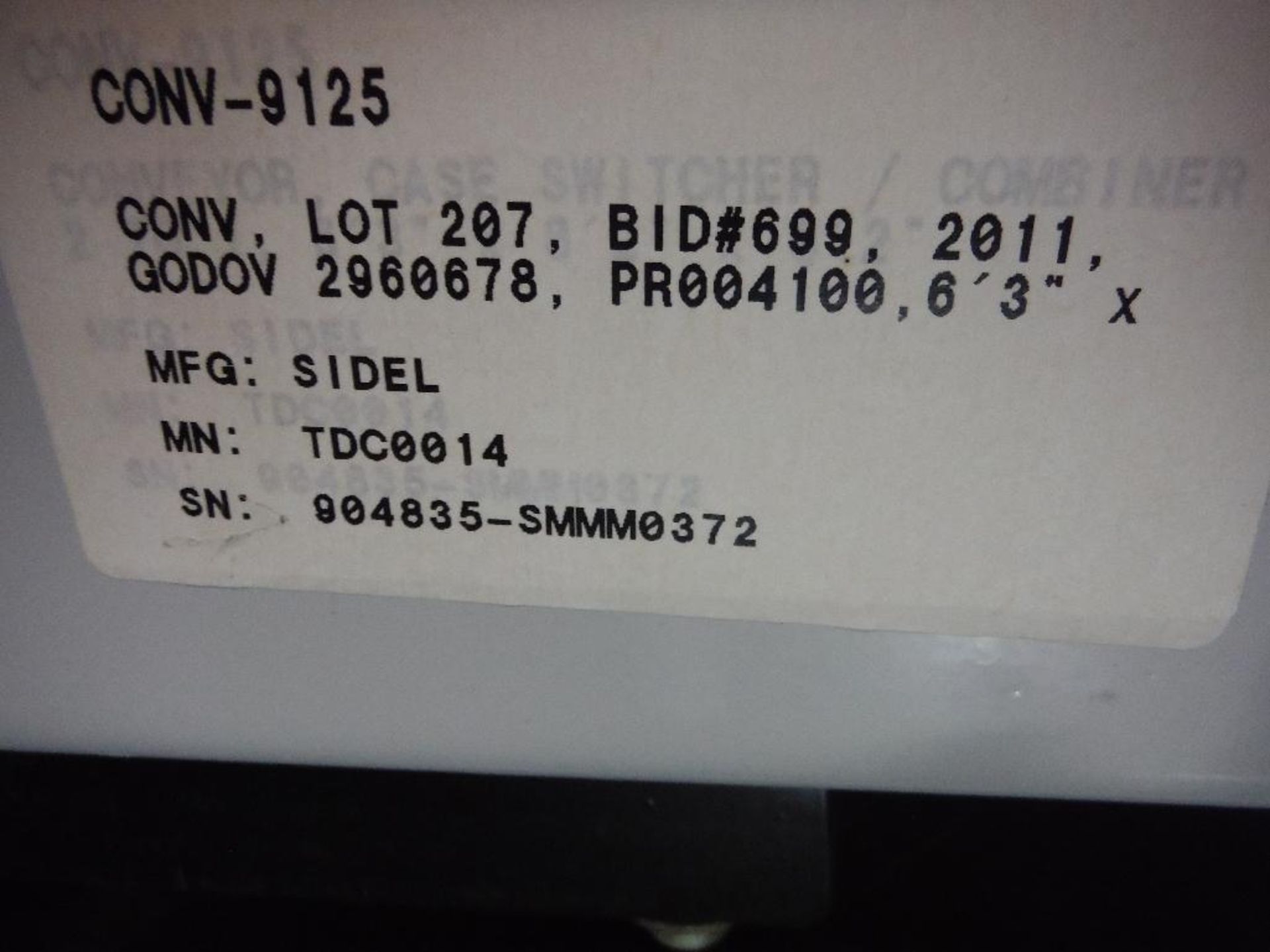 2007 Sidel combiner conveyor, Model TDC0014, SN 904835-SMMM0327, 98 in. long x 66 in. wide, with con - Image 9 of 9