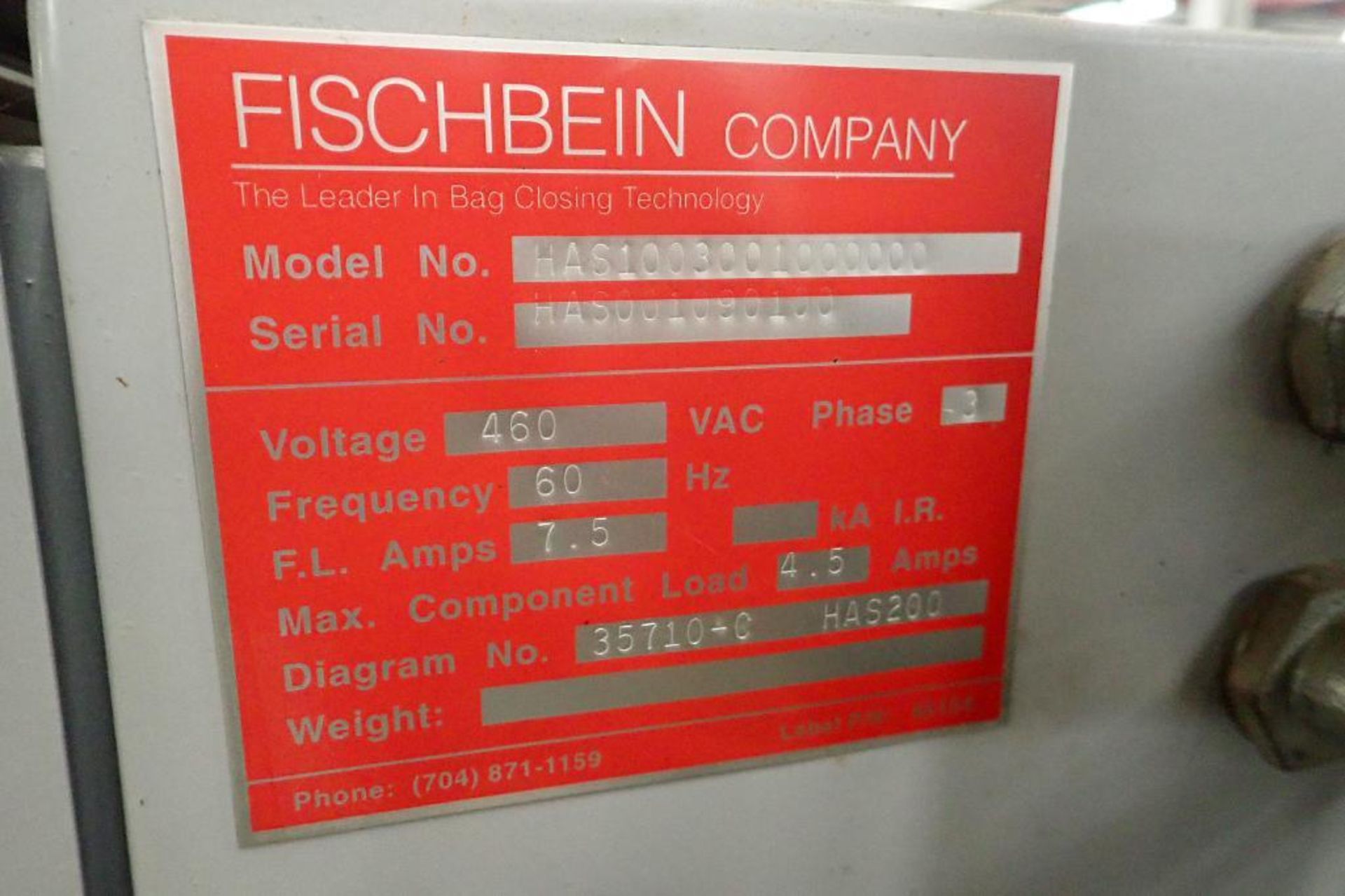 Fischbein bag sealer, Model HAS1003001000000, SN HAS001090100, with Slidell conveyor, Model 1012 160 - Image 7 of 27