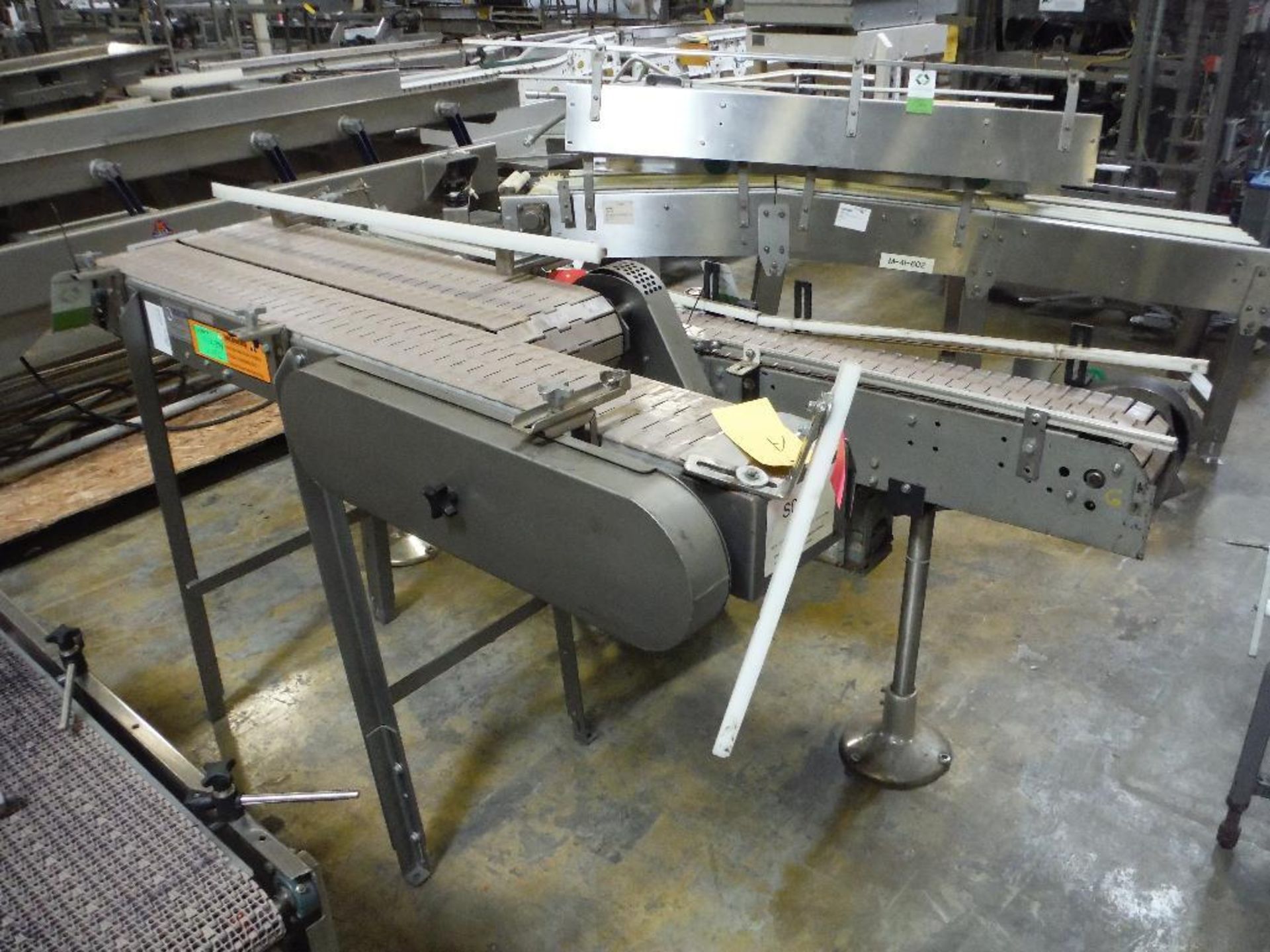 Nercon dual conveyor, table top belt, 64 in. long x overall 18 in. wide belts, missing motor and dri