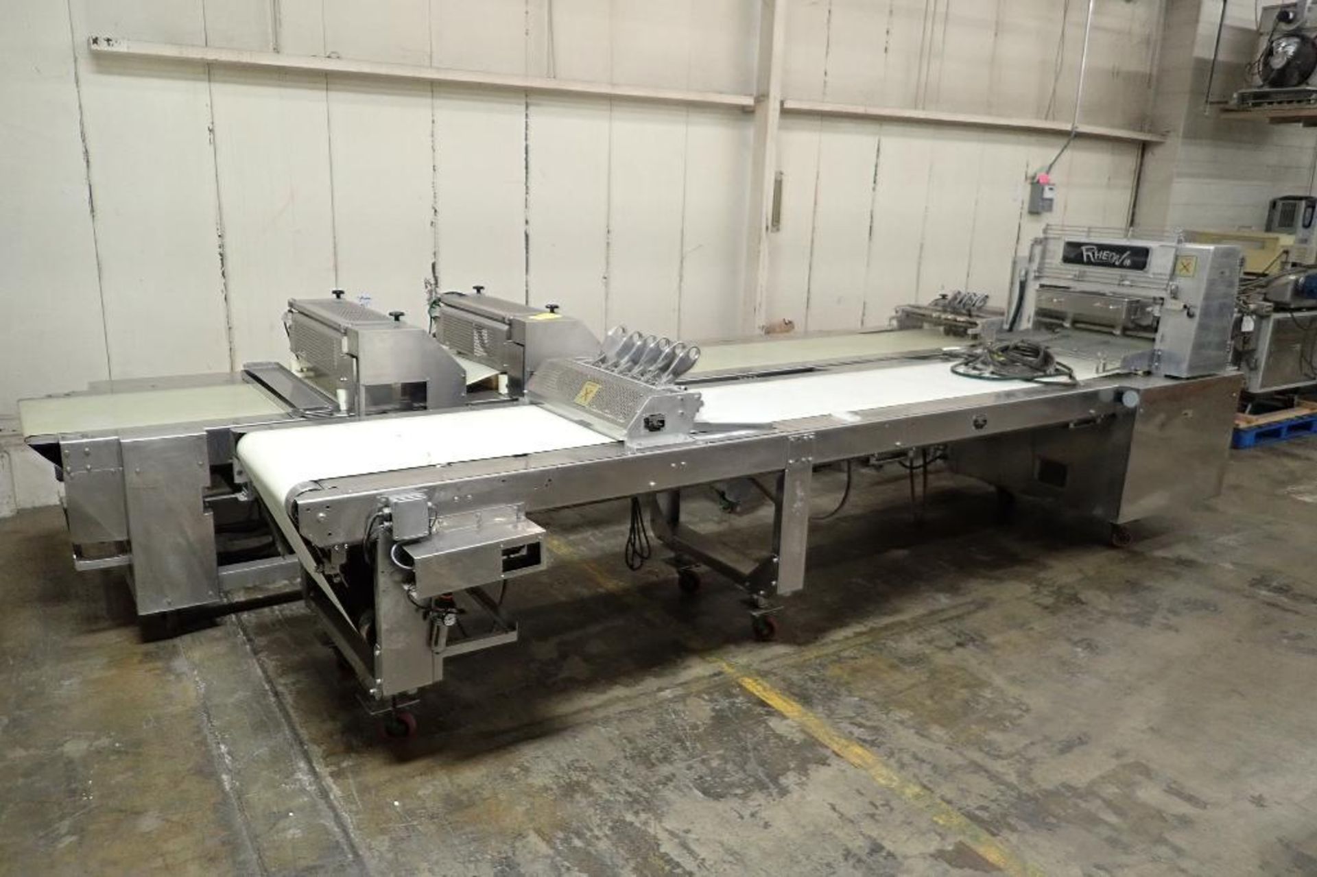 Rheon sheeting line, action roller, Model AM011, SN 00044, flour sweeper Model FV111, SN 00024, guil