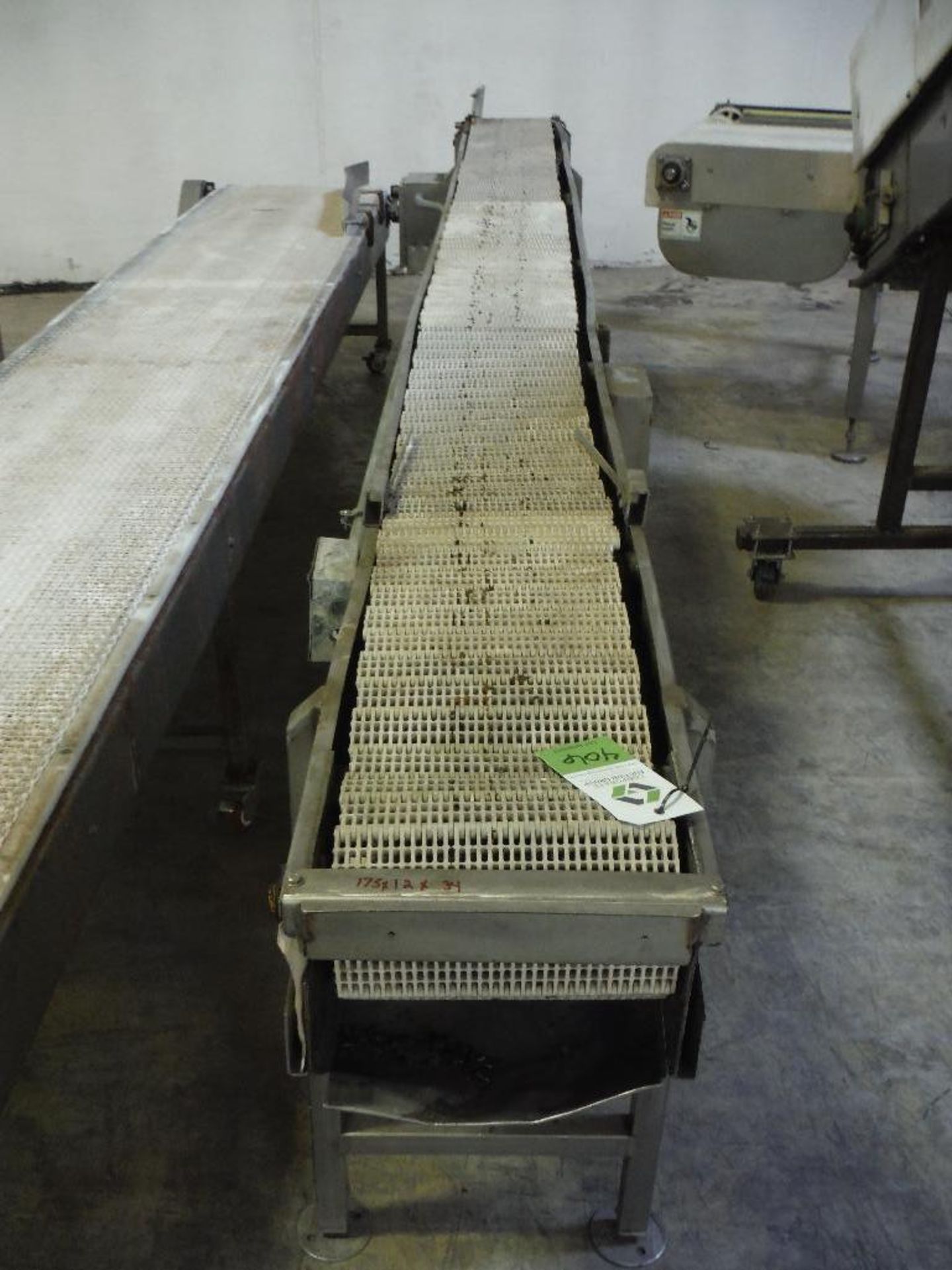 Belt conveyor, 175 in. long x 12 in. wide x 34 in. tall, SS, missing motor and drive **Rigging FEE: