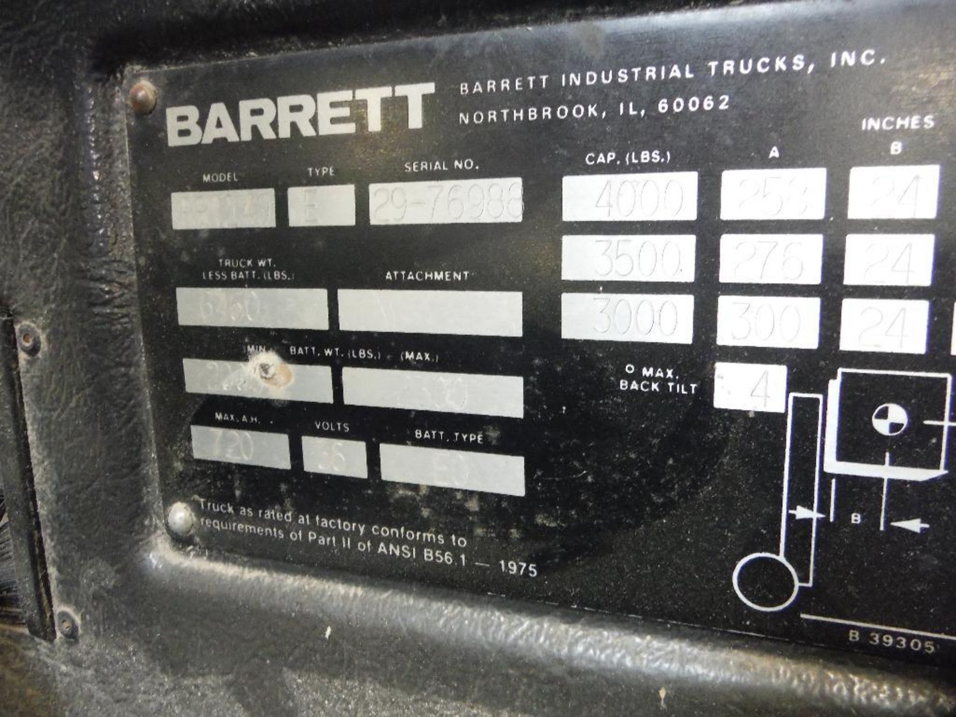 Barrett 36 volt stand up fork lift, Model RRT140, SN 29-76988, 4000 lb. capacity, 4203 hours, 258 in - Image 7 of 9