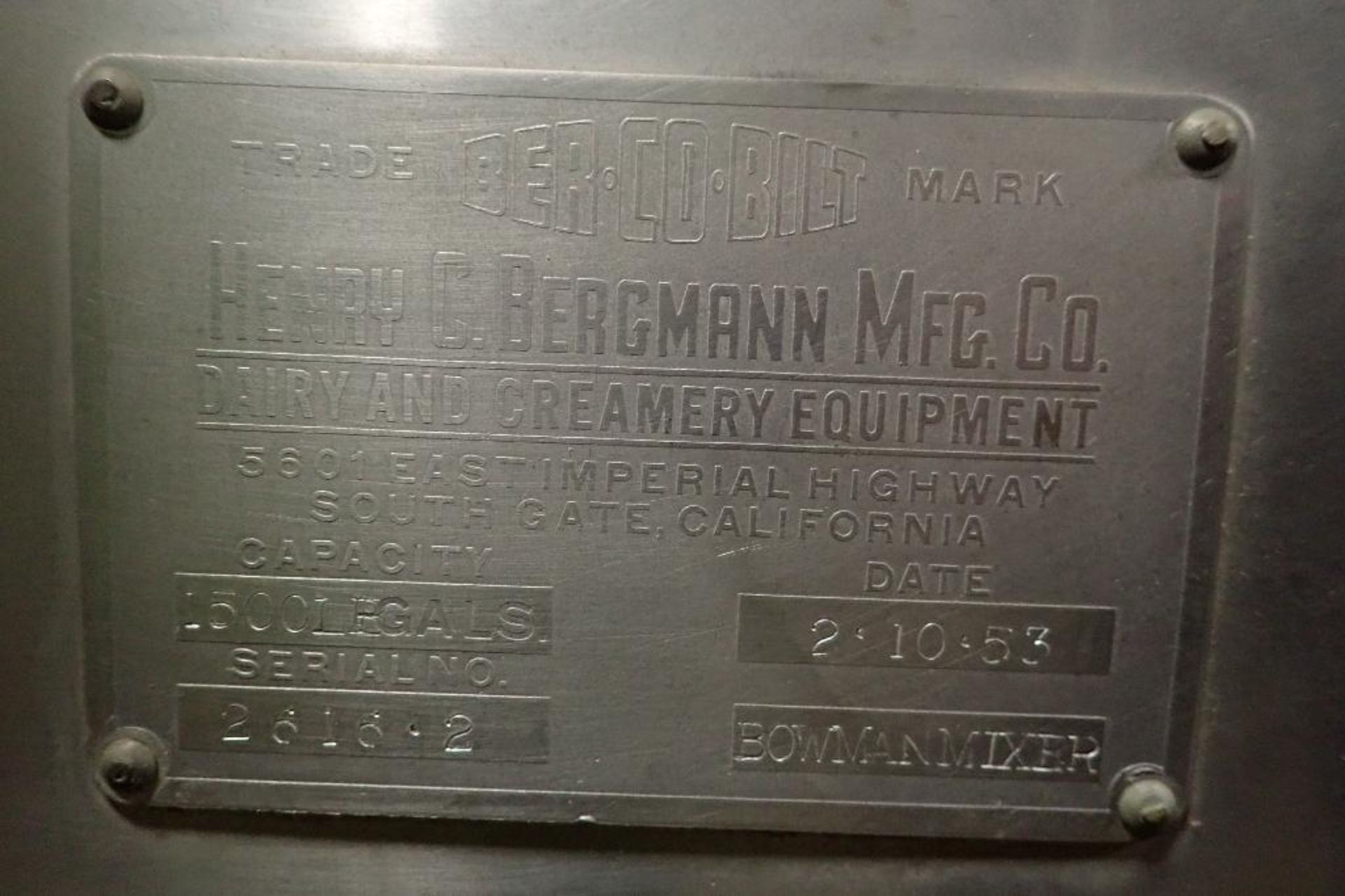 1953 Henry C Bergmann SS bowman mixer, single agitation, SN 2616.2, 36 in. long x 34 in. wide x 32 i - Image 5 of 13