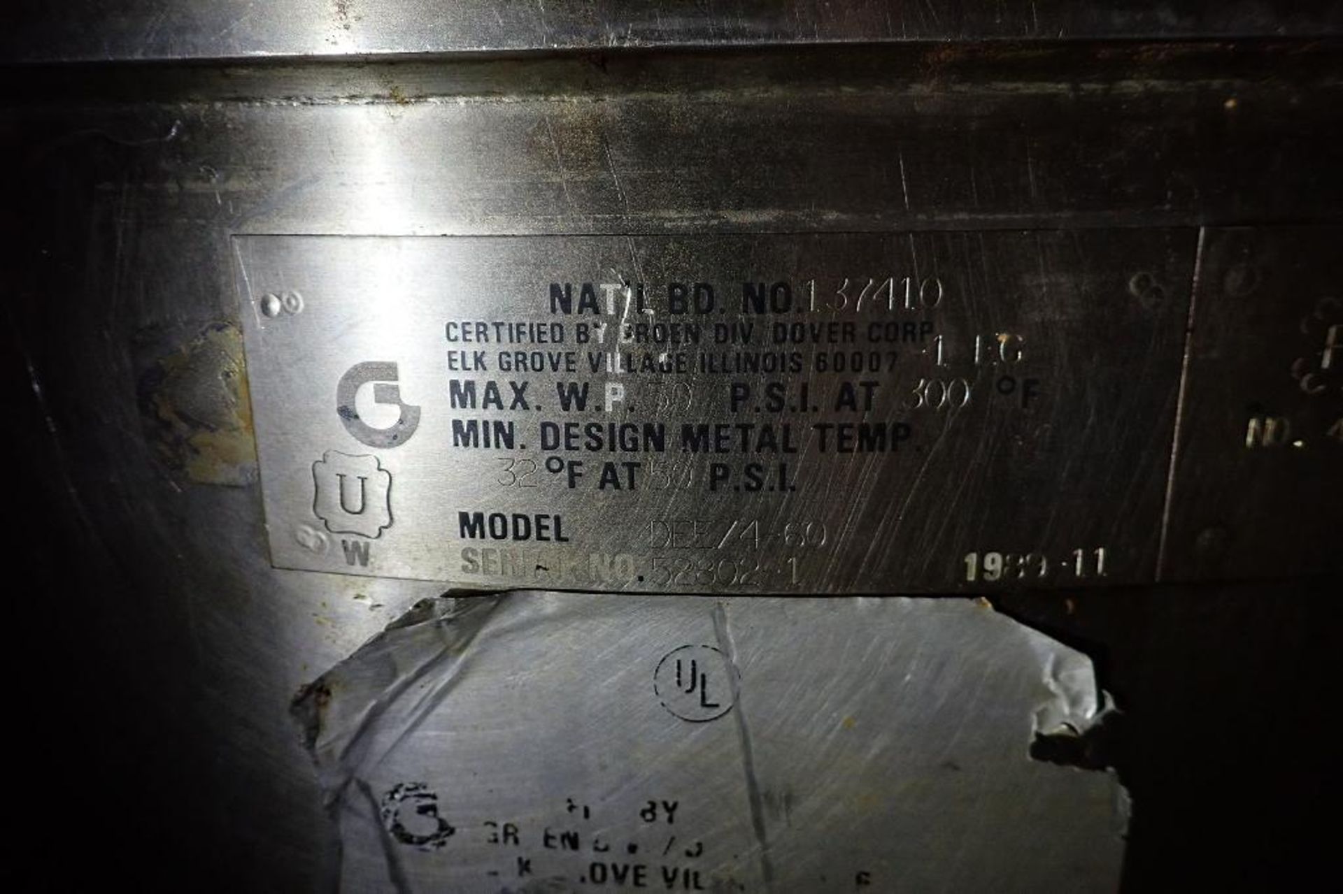 1989 Groen SS tilt kettle, Model DEE/4-60, SN 52082-1, jacketed, 50 psi @ 300 F, 30 in. dia x 24 in. - Image 5 of 10