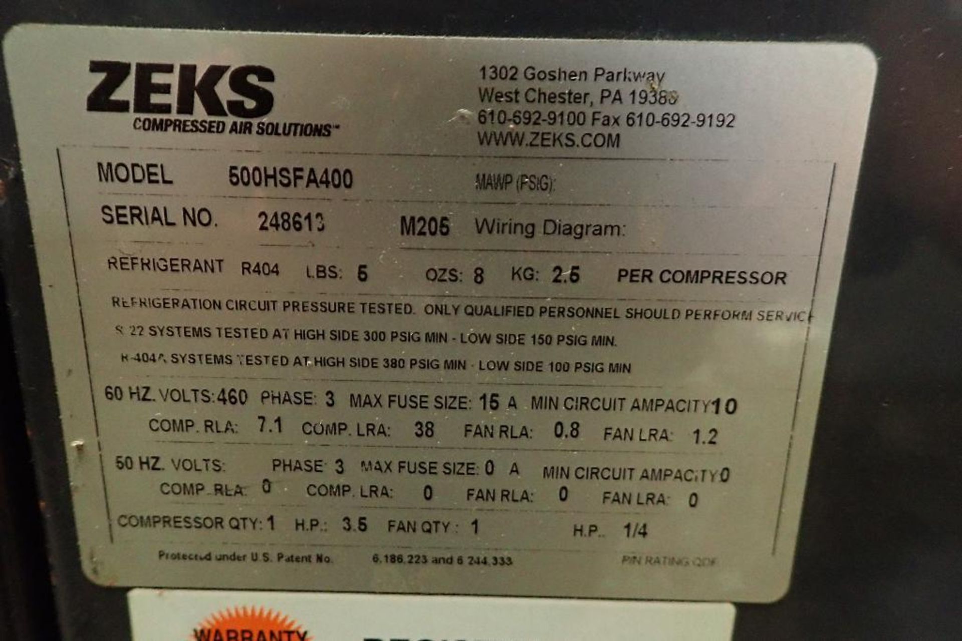 Zeks Air Dryer, Model 500HSFA400, SN 248613, R-404 **Rigging FEE: $50 ** - Image 5 of 6