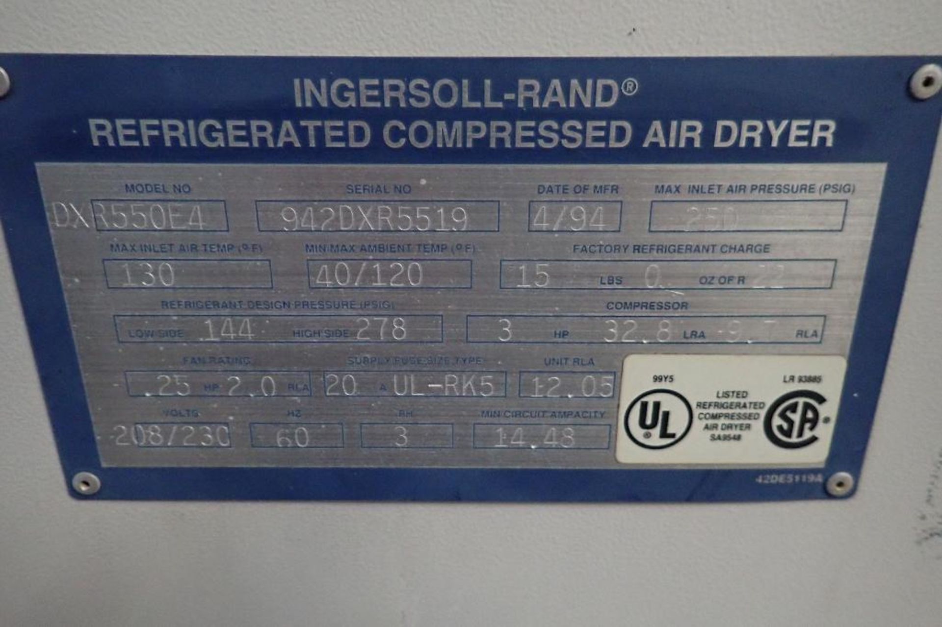 1994 Ingersoll-Rand refrigerated compressed air dryer, Model DZR550E4, SN 942DZR5519 (bad compressor - Image 6 of 7