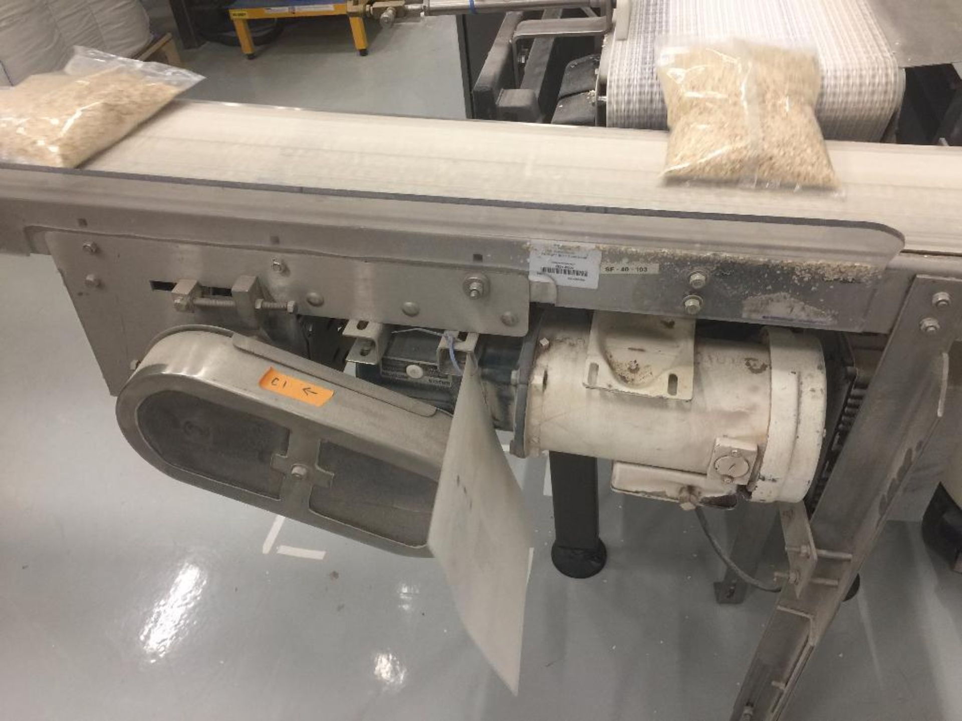 SS conveyor, 120 in. x 7 in. white belt, motor and drive, adjustable legs. (A1460) (FPC86) - ** Loca - Image 2 of 2