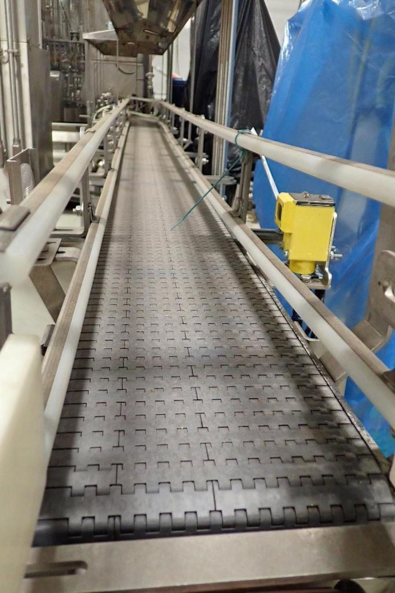 SS bottle conveyor out of rinser, 168 in. long x 7.5 in. wide x 40 in. tall, gray plastic chain belt - Image 3 of 6