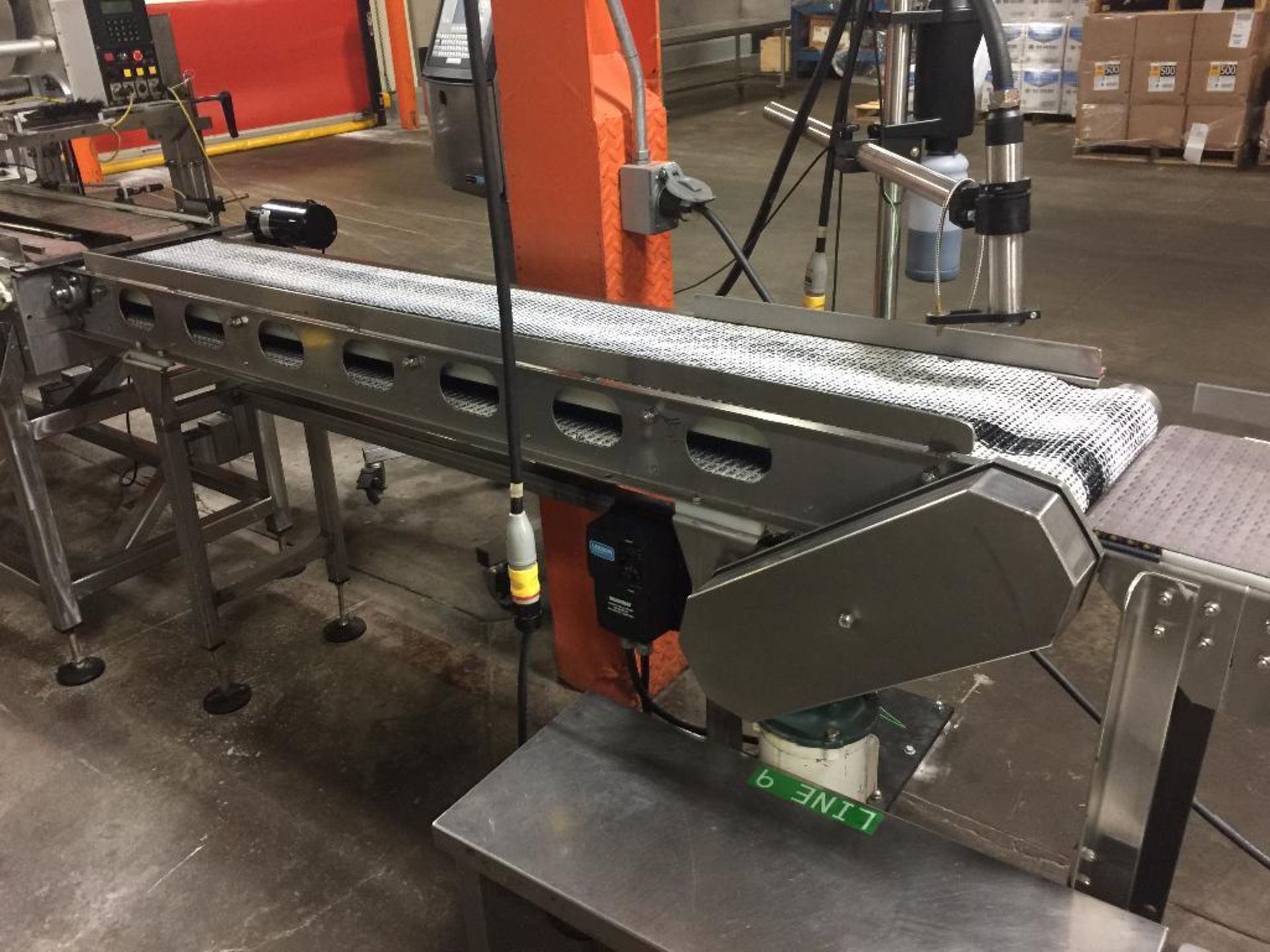 SS conveyor, 79 in. x 12 in. x 37 in. tall, white plastic chain, motor and drive. - ** Located in So