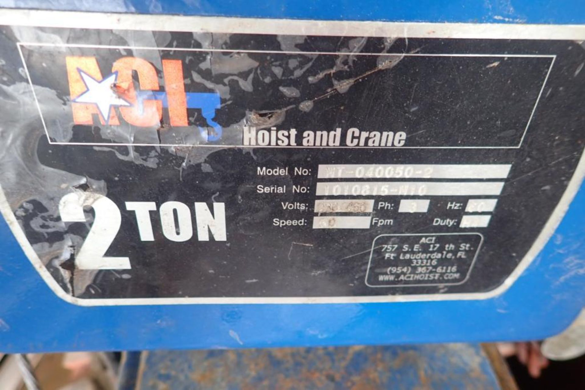 ACI 2 ton electric hoist, Model MT-040050-2, missing control, 3 ph - ** Located in Dothan, Alabama * - Image 4 of 5