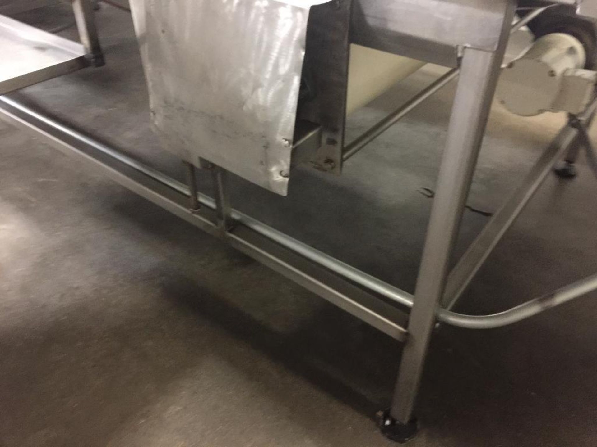 SS conveyor, 112 in. x 48 in. x 37 in. tall, hand pack, white vinyl belt, motor and drive. - ** Loca - Image 5 of 5