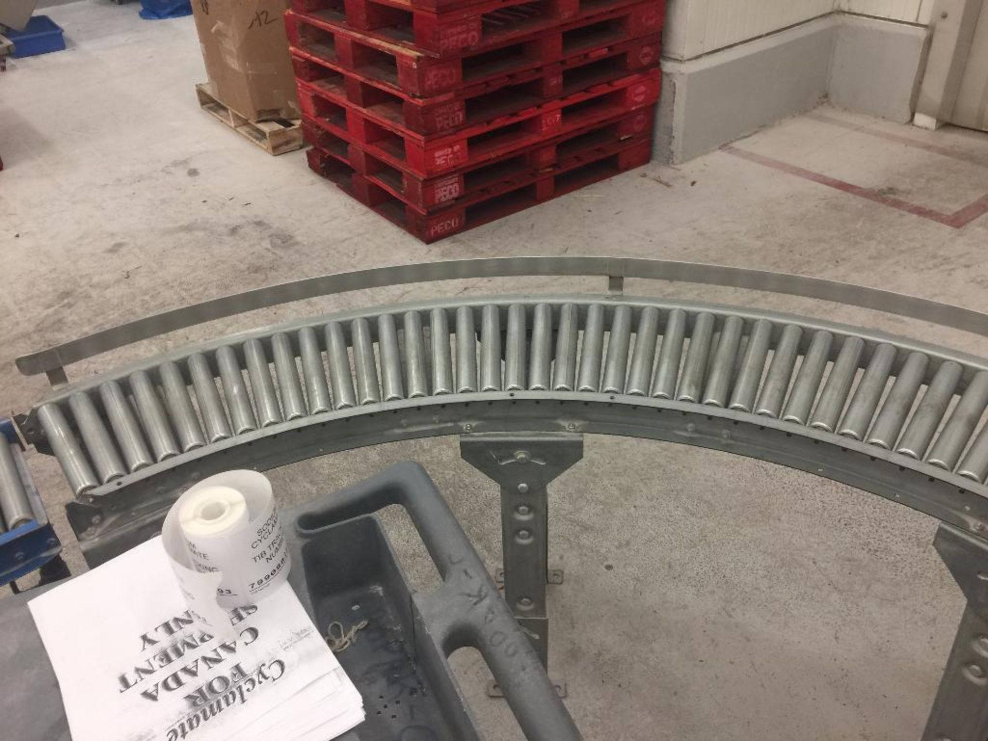 Mild steel gravity roller conveyor, 90 degree turn, 60 in. x 8 in. - ** Located in Medina, New York