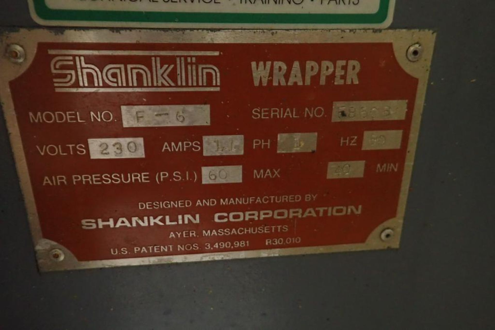Shanklin flow wrapper, Model F-6, SN F8506, 18 in. lug infeed, 22 in. mandrel film stand, 1 up 19 in - Image 6 of 12