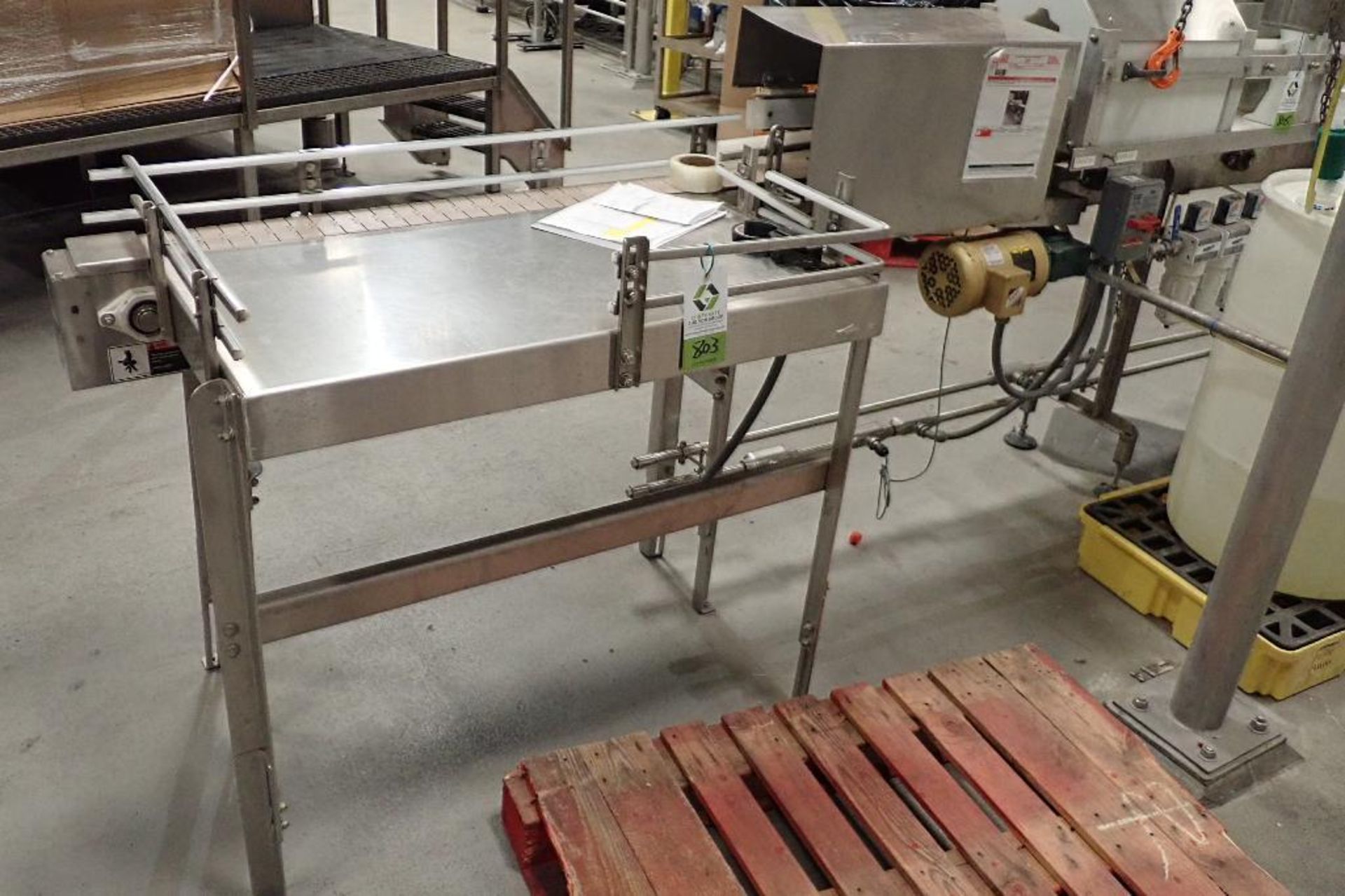 SS conveyor, 84 in. long x 4.5 in. wide x 40 in. tall, plastic table top chain belt, motor and drive