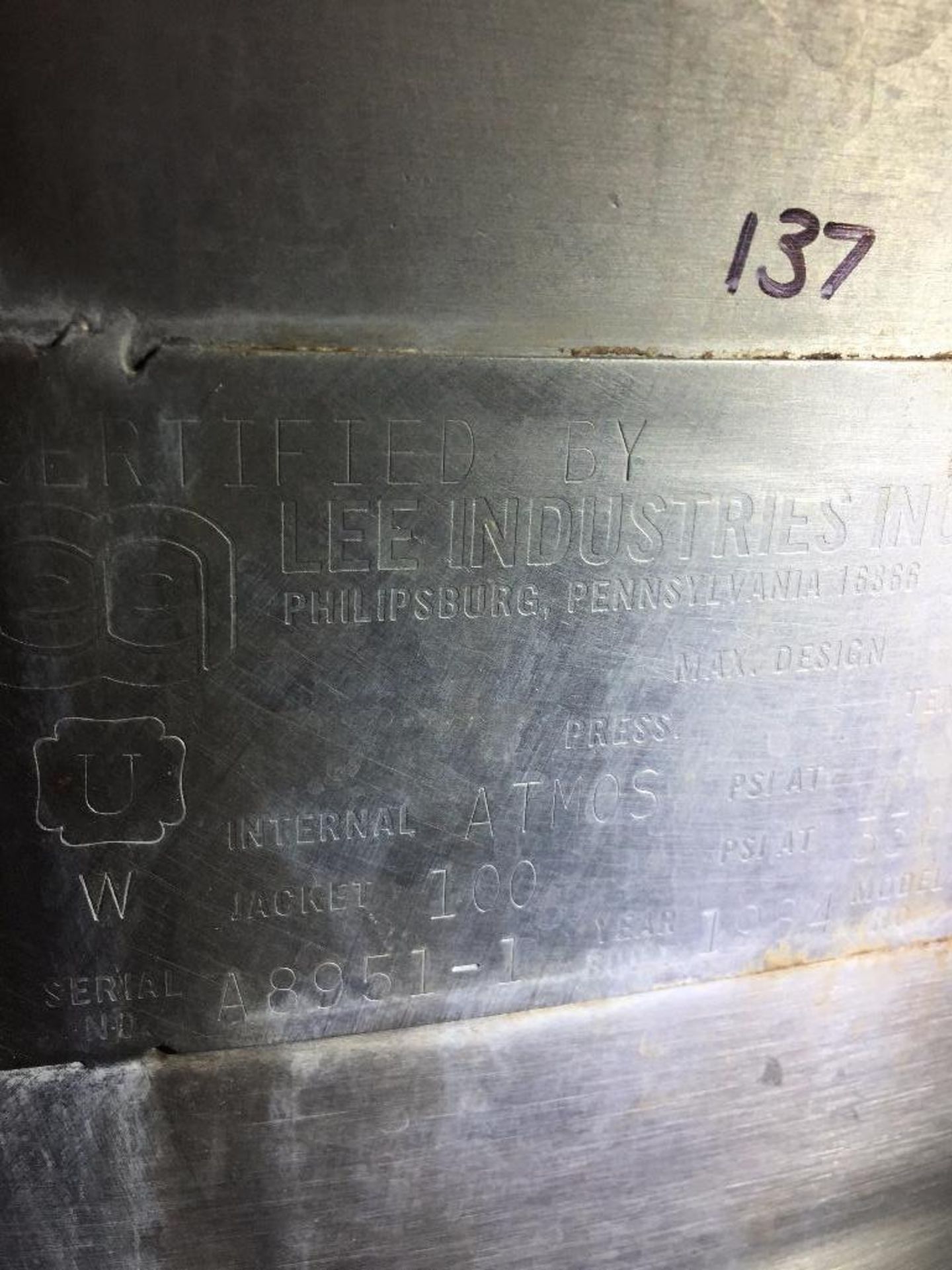 1984 Lee SS steam jacket kettle, model 150D10S, s/n A8951-1, top agitation, side scrape. (Holding Ke - Image 4 of 6