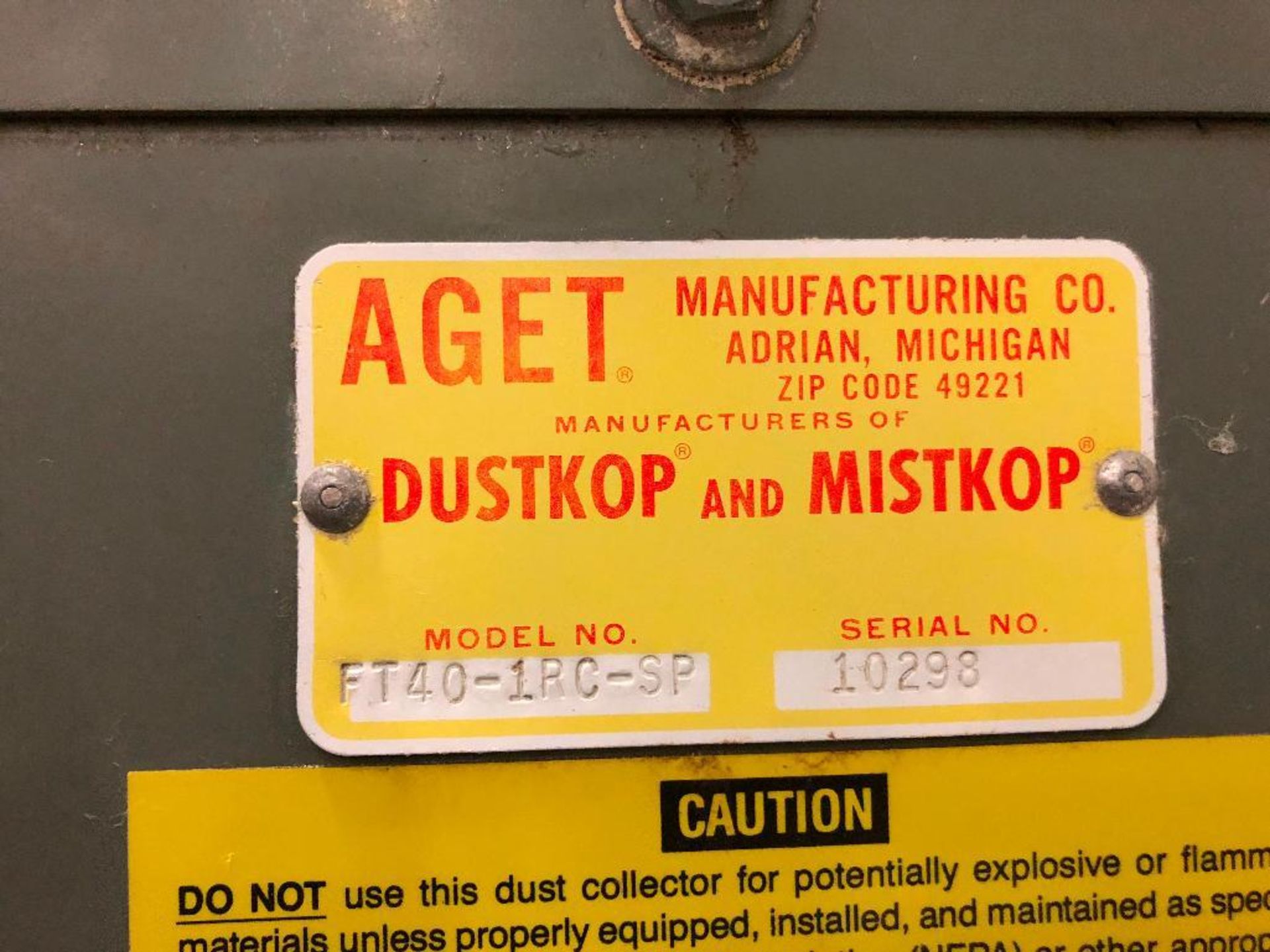 Ager Dustkop dust collector, model FT40-IRC-SP, s/n 10298, 32 in. x 50 in. wide x 182 in. tall, (40) - Bild 4 aus 5