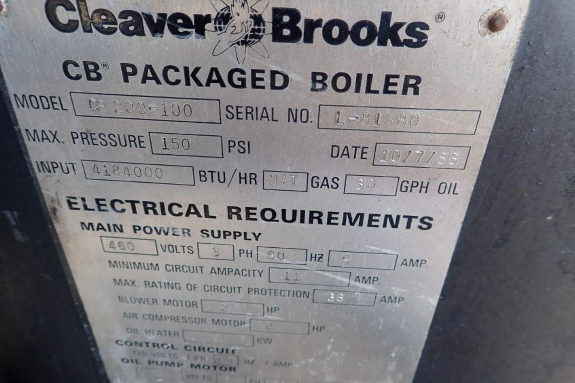 1986 Cleaver Brooks packed boiler, SN L-81680, with misc. components - ** Located in Dothan, Alabama - Image 3 of 11
