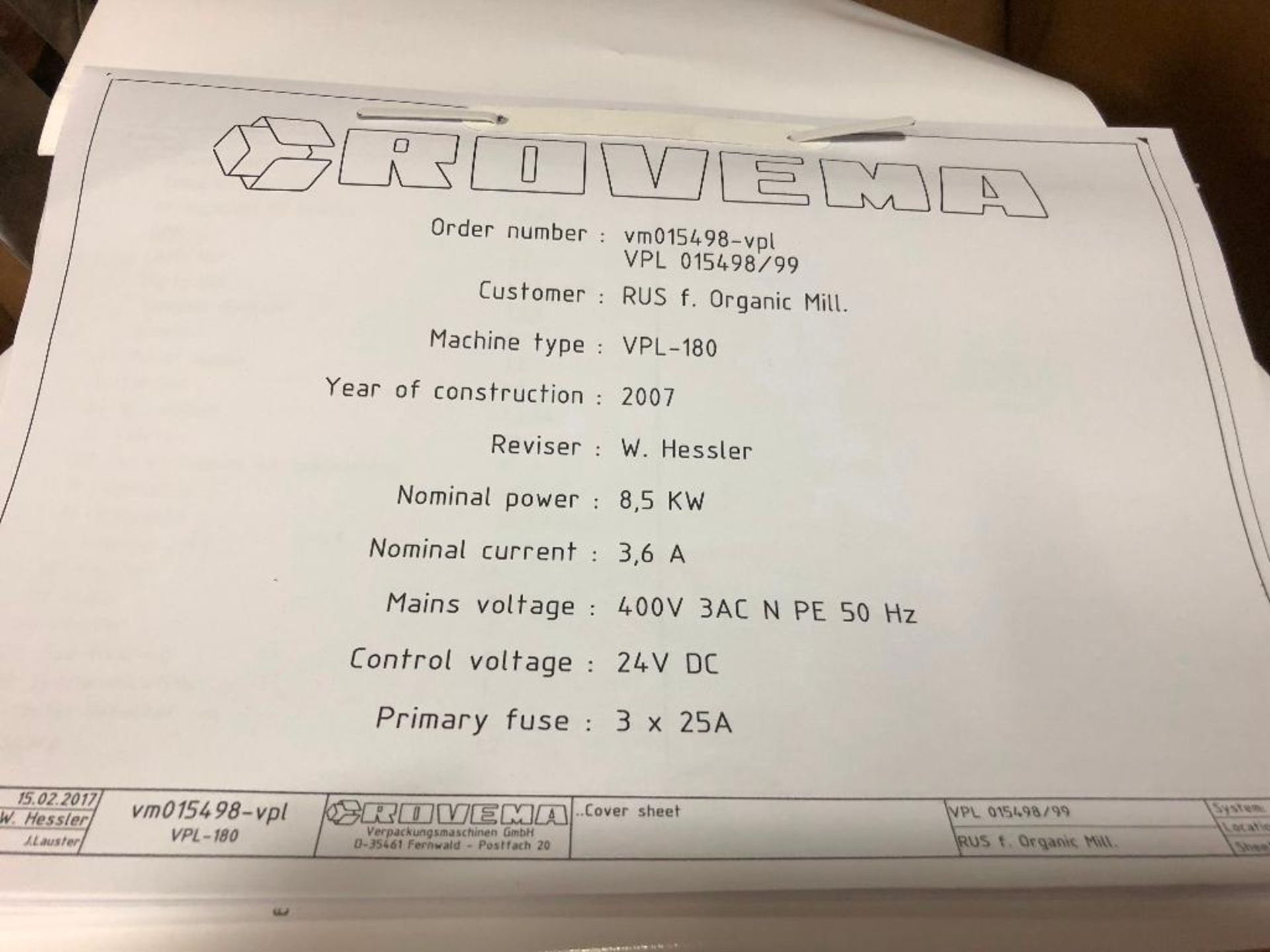 2007 Rovema vertical bagger, Type: VPL-180, SN 15499, 8 in. jaw, 16 in. web, no horn. - ** Located i - Image 9 of 21