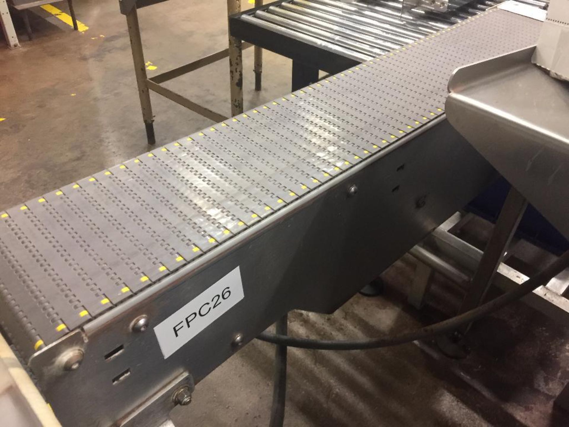 SS conveyor, 48 in. x 7 1/2 in. grey plastic belt, motor and drive. (FPC26) - ** Located in Medina,