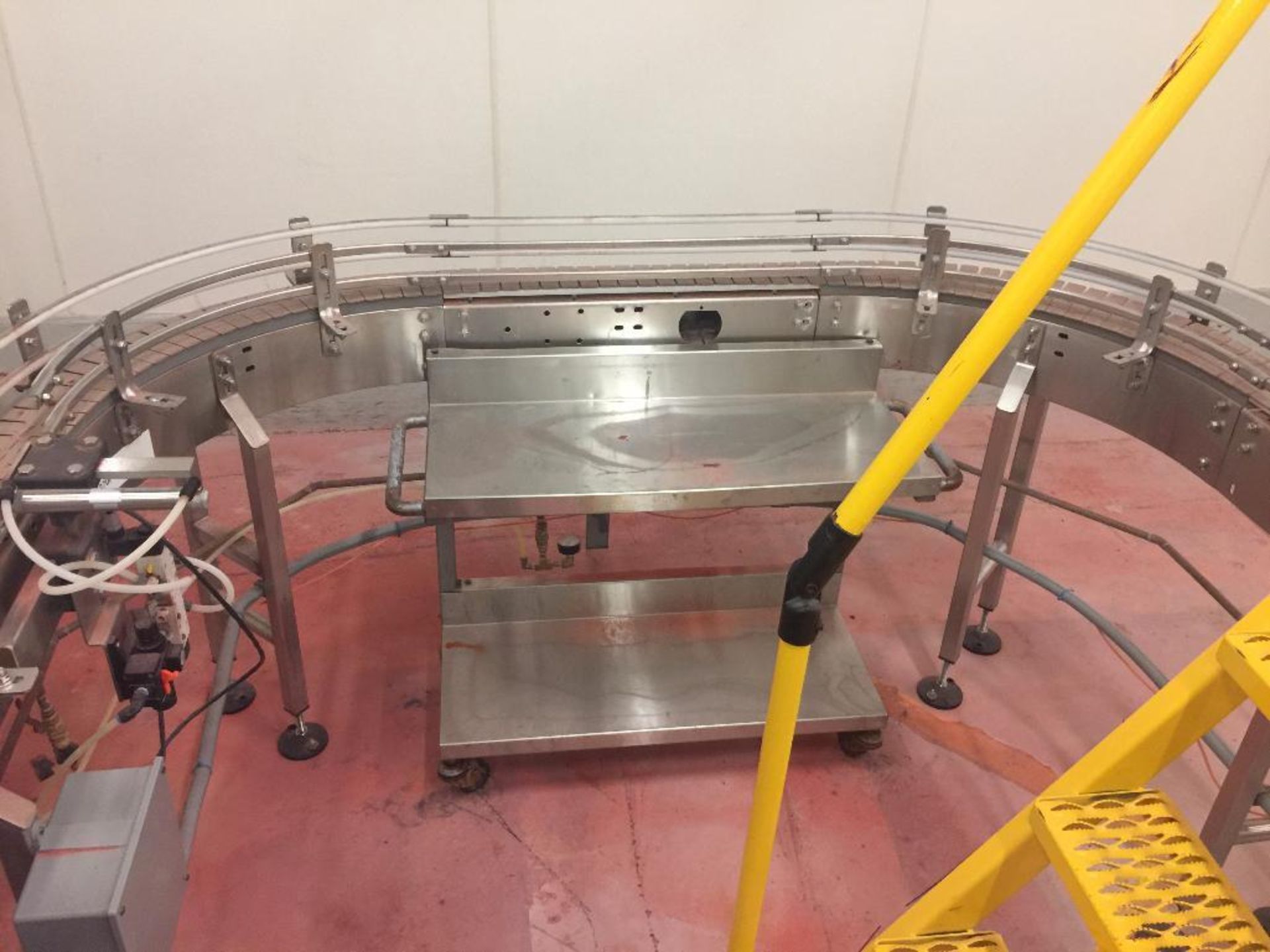 SS conveyor, 180 degree turn, 16 ft. x 4 1/2 in. table top chain belt, motor and drive, with reject