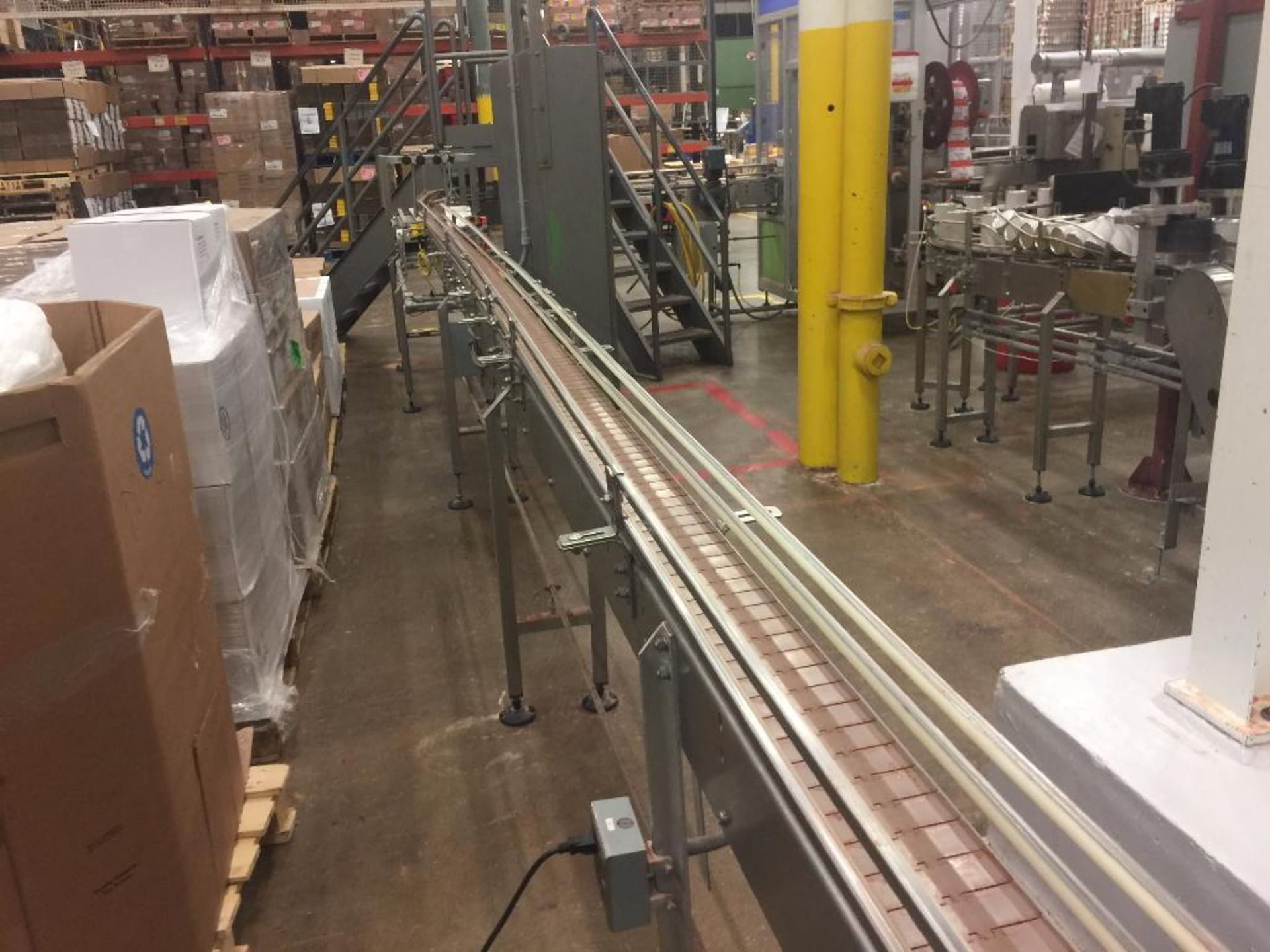 SS conveyor, 90 degree turn, 30 ft. x 4 1/2 in. table top chain belt, (2) motors and drives, NO BELT