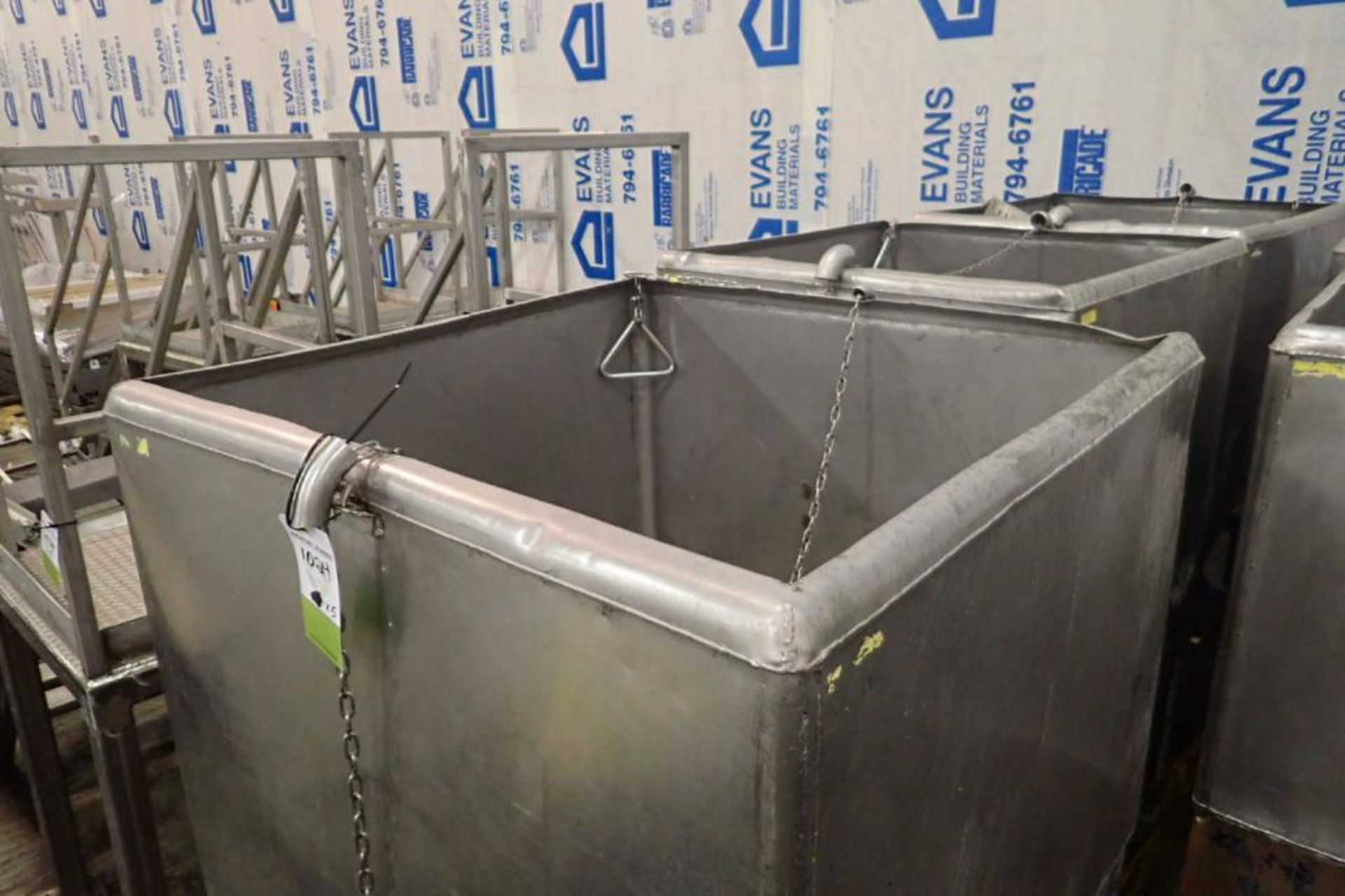 SS totes with side discharge chute, 42 in. long x 42 in. wide x 32 in. sidewall, mounted on mild ste - Image 3 of 6
