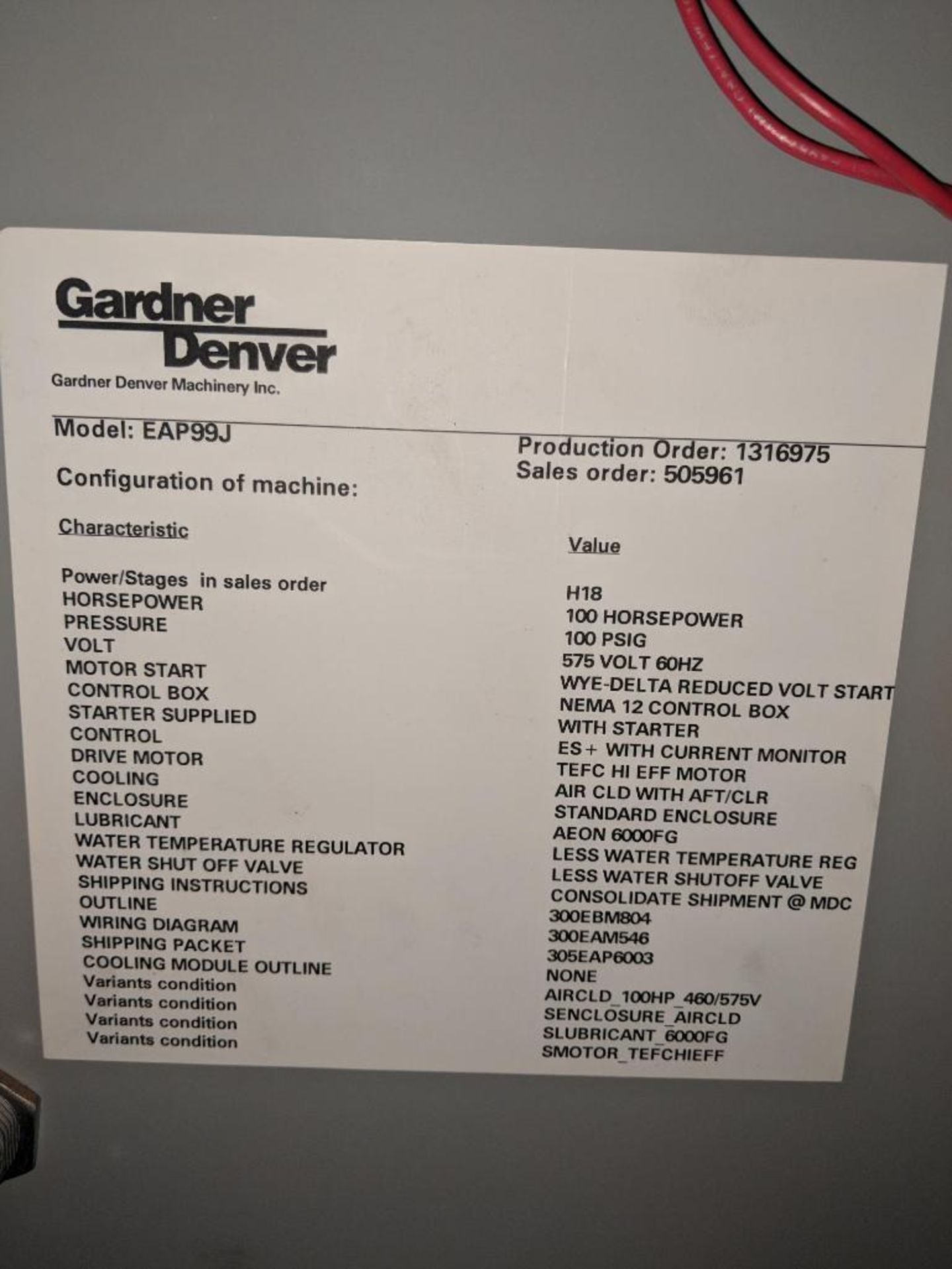 Gardner Denver air compressor, model EAP99J, 100 hp. - ** Located in Medina, New York ** Rigging Fee - Image 5 of 6