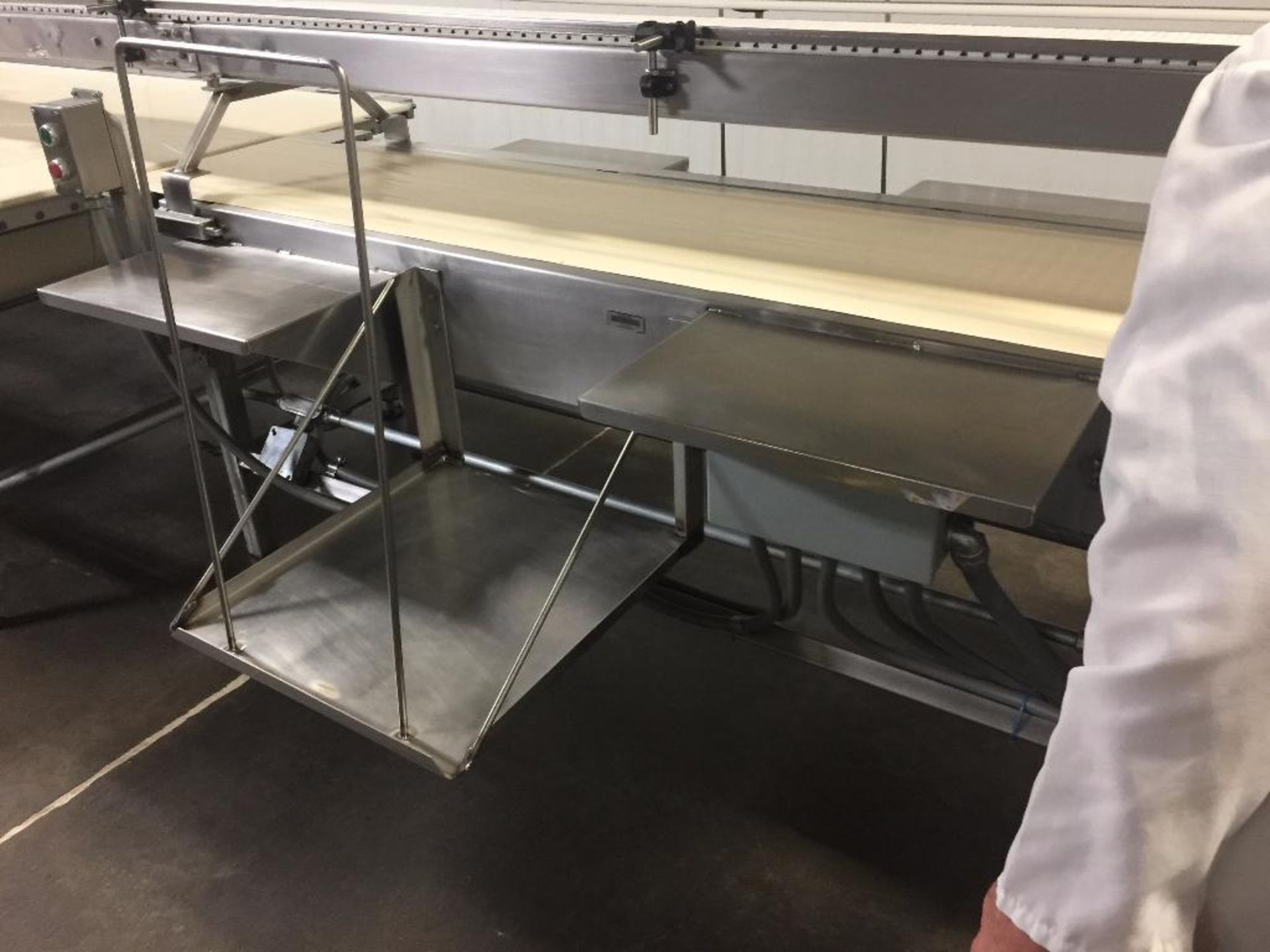 SS conveyor, 93 in. x 17 in. x 37 in. tall, white vinyl belt, motor and drive. - ** Located in South